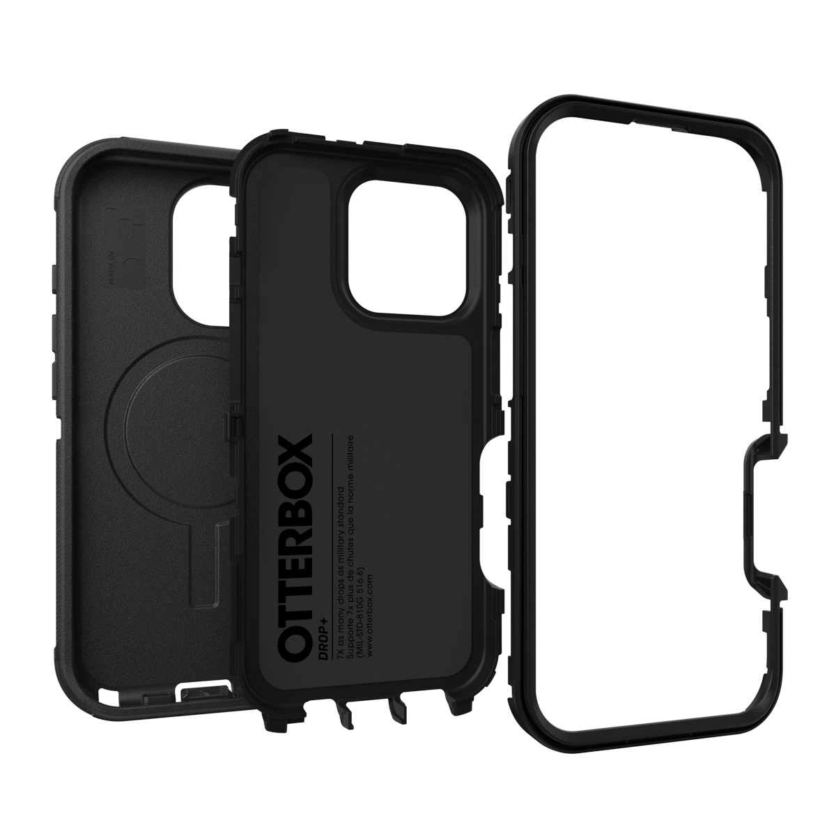 Pièces noires d'un étui de téléphone Otterbox. Un ouvert, un assemblé et un cadre.