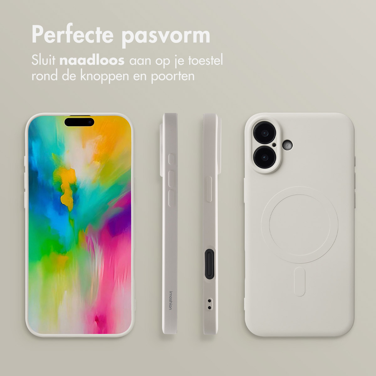 Coque de téléphone avec écran coloré et trois vues latérales. Texte : ajustement parfait.