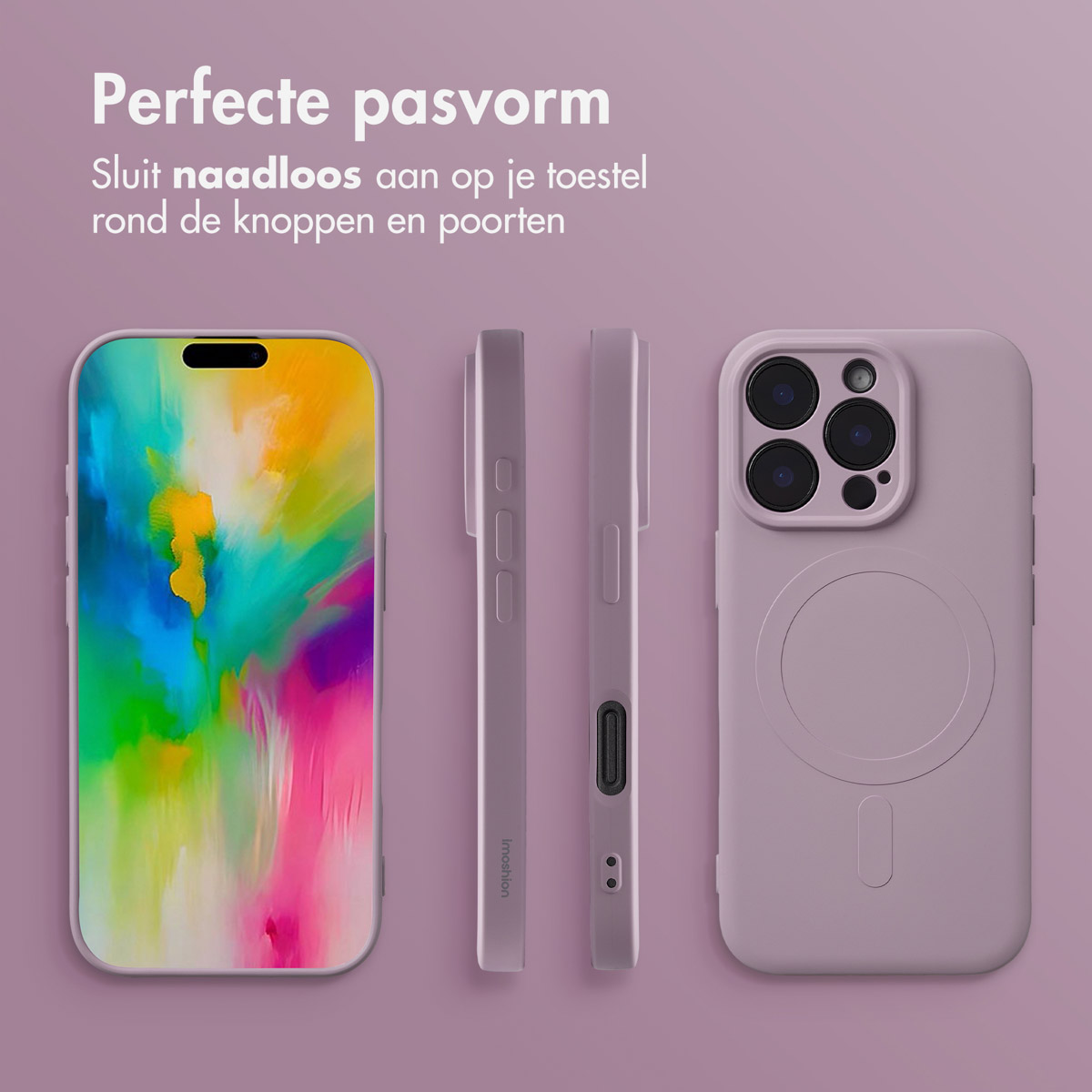 Paarse telefoonhoesjes en een telefoon met een kleurrijk scherm op een paarse achtergrond.