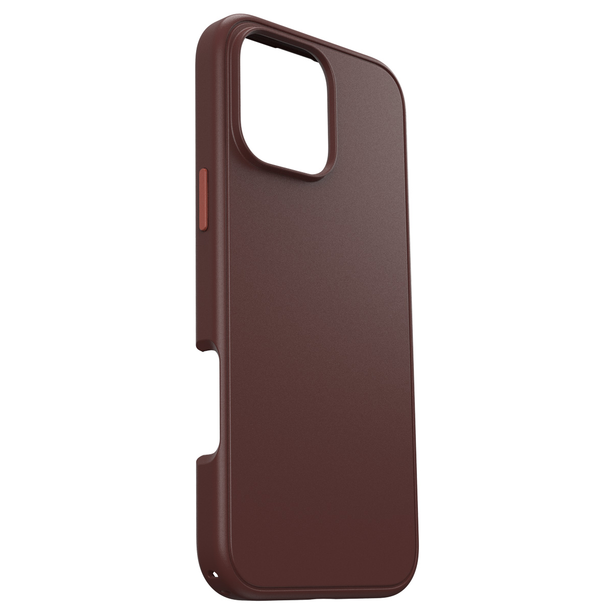Coque de téléphone marron. Détails des boutons latéraux. Section ouverte en bas.