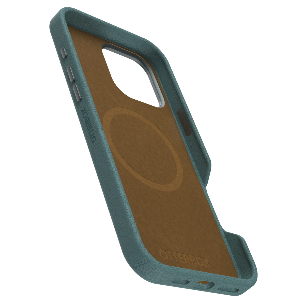 Coque de téléphone bleue. Intérieur marron. Logo de la marque visible.