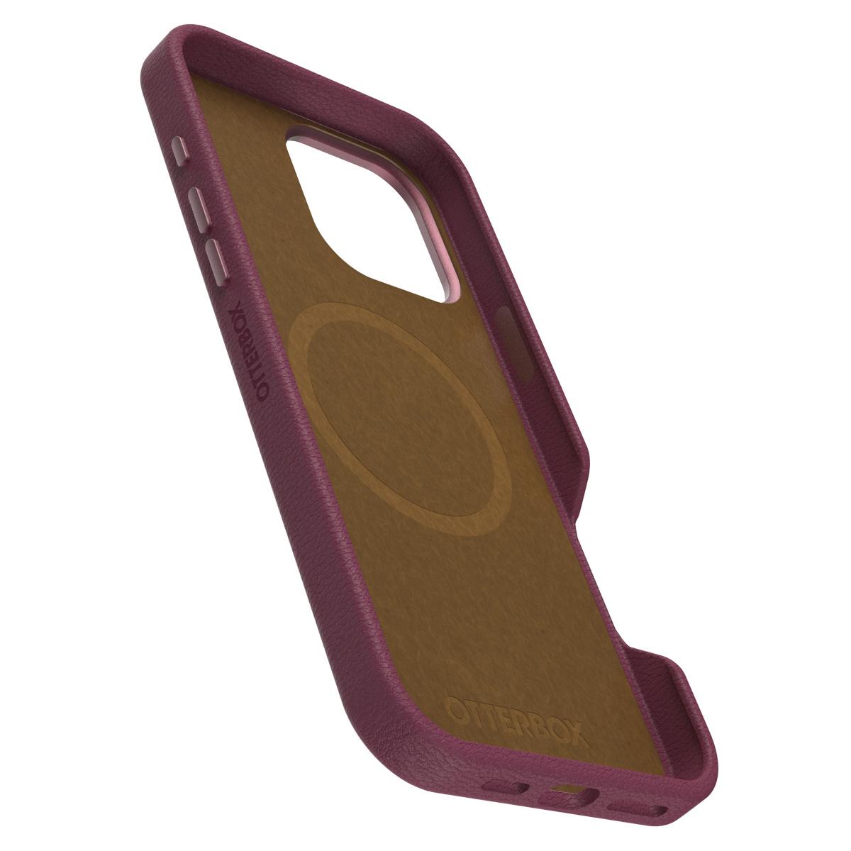 Coque de téléphone violette avec intérieur marron et découpe caméra.
