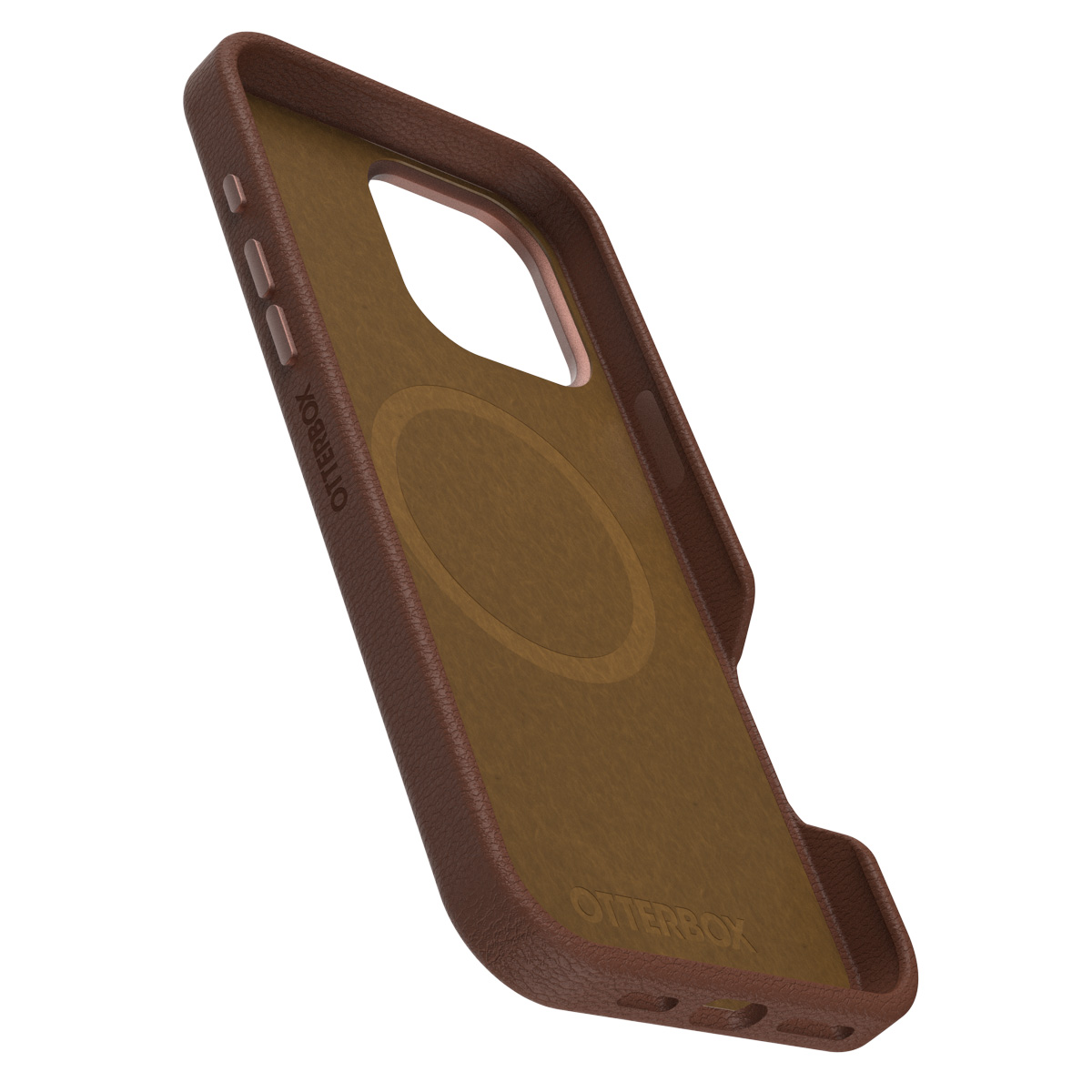 Braune Leder-Handyhülle innen. Otterbox-Logo sichtbar. Braune und beige Farben.