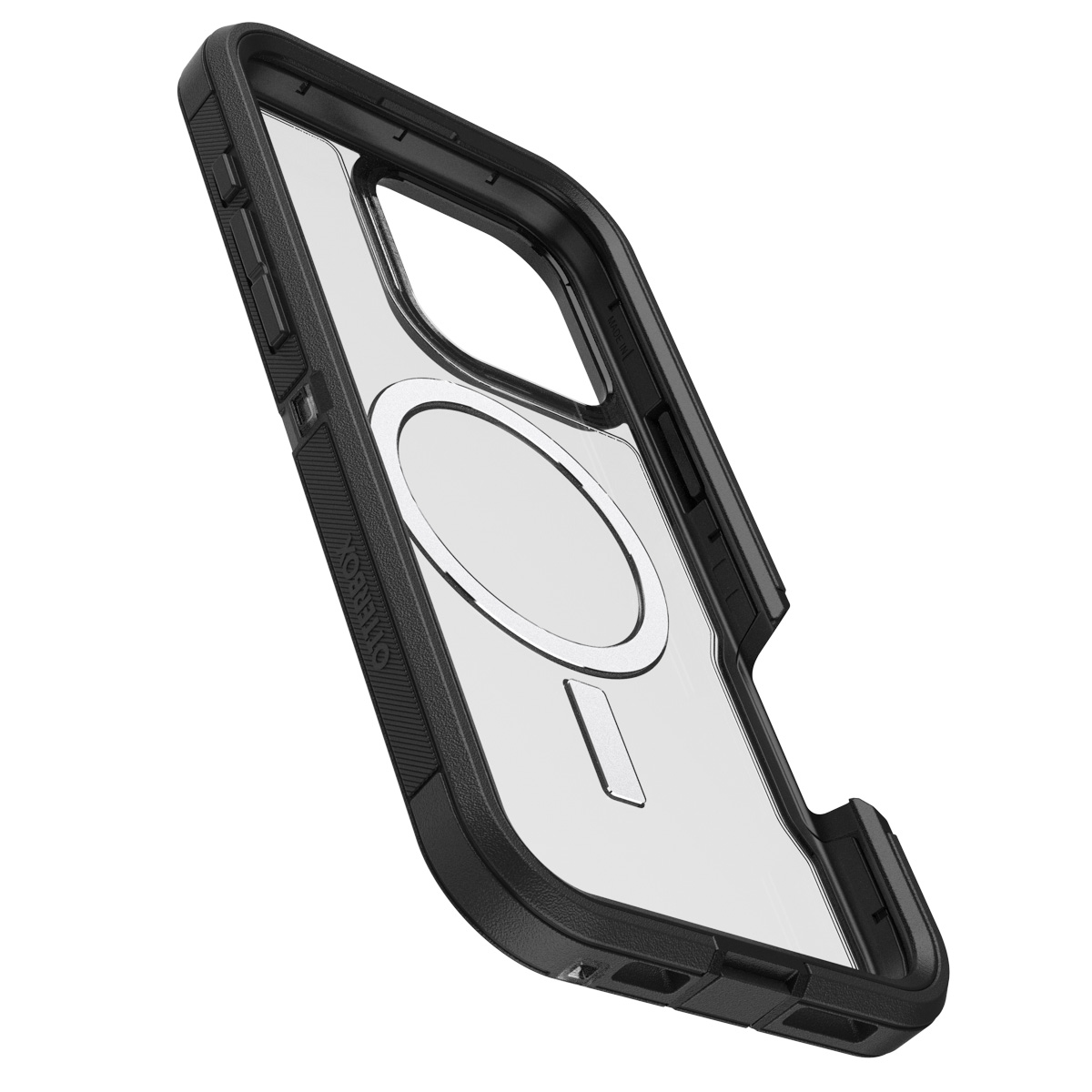 Funda de teléfono negra y transparente. Tiene un círculo magnético y forma rectangular. Vista en ángulo.