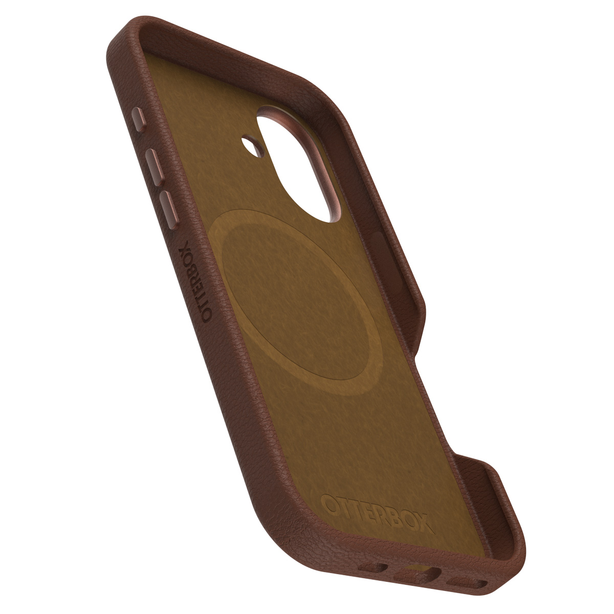 Coque de téléphone en cuir marron avec MagSafe. Montre l'intérieur et le logo.