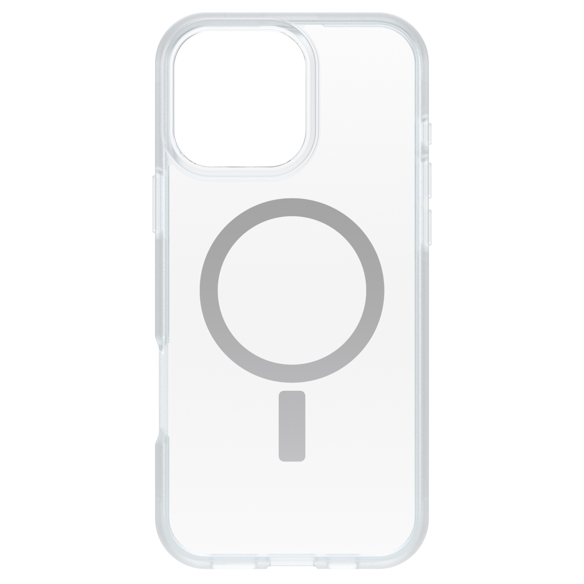 Coque de téléphone transparente avec cercle et rectangle gris, fond blanc.