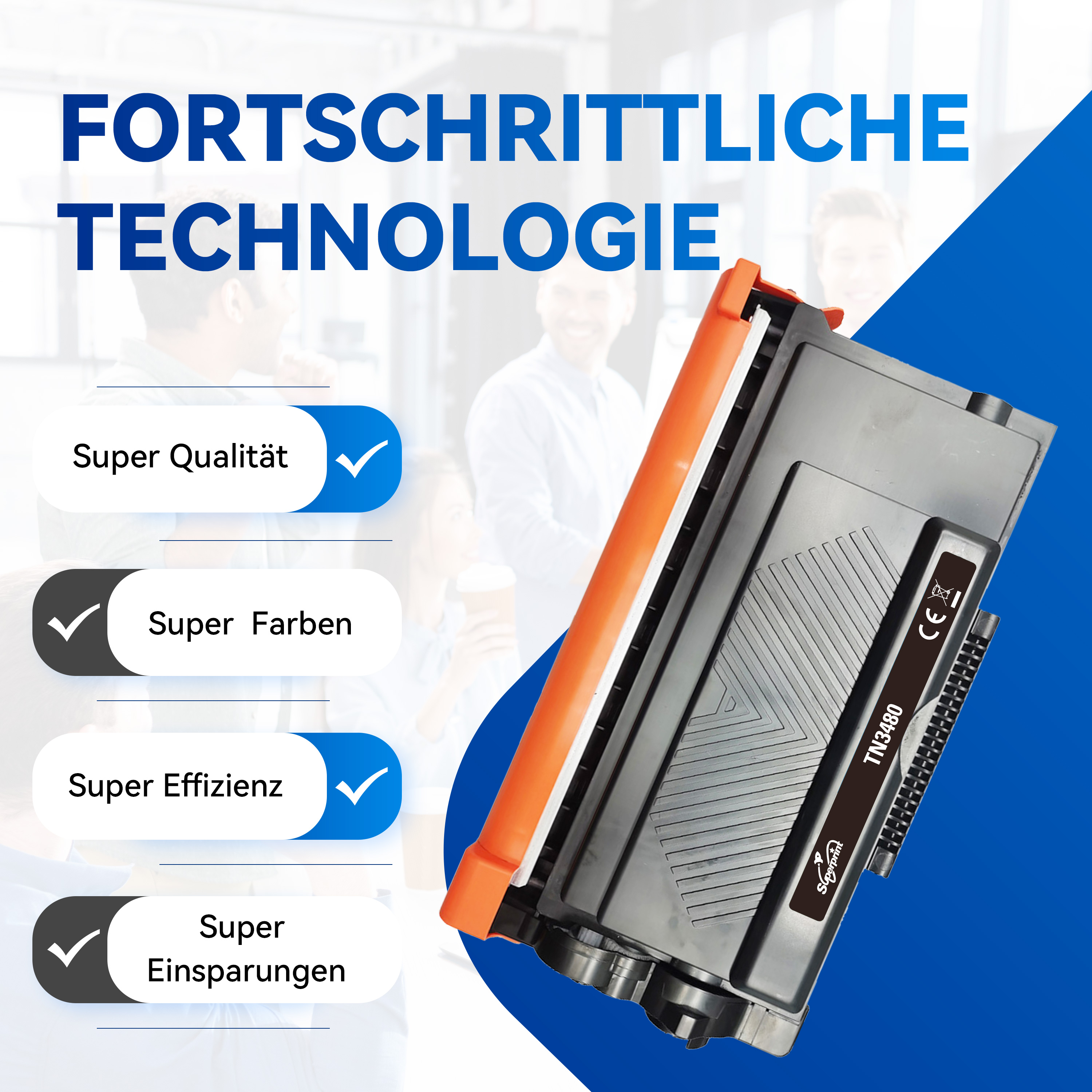 Tonercartridge met tekst over technologie, kwaliteit, kleuren en besparingen.