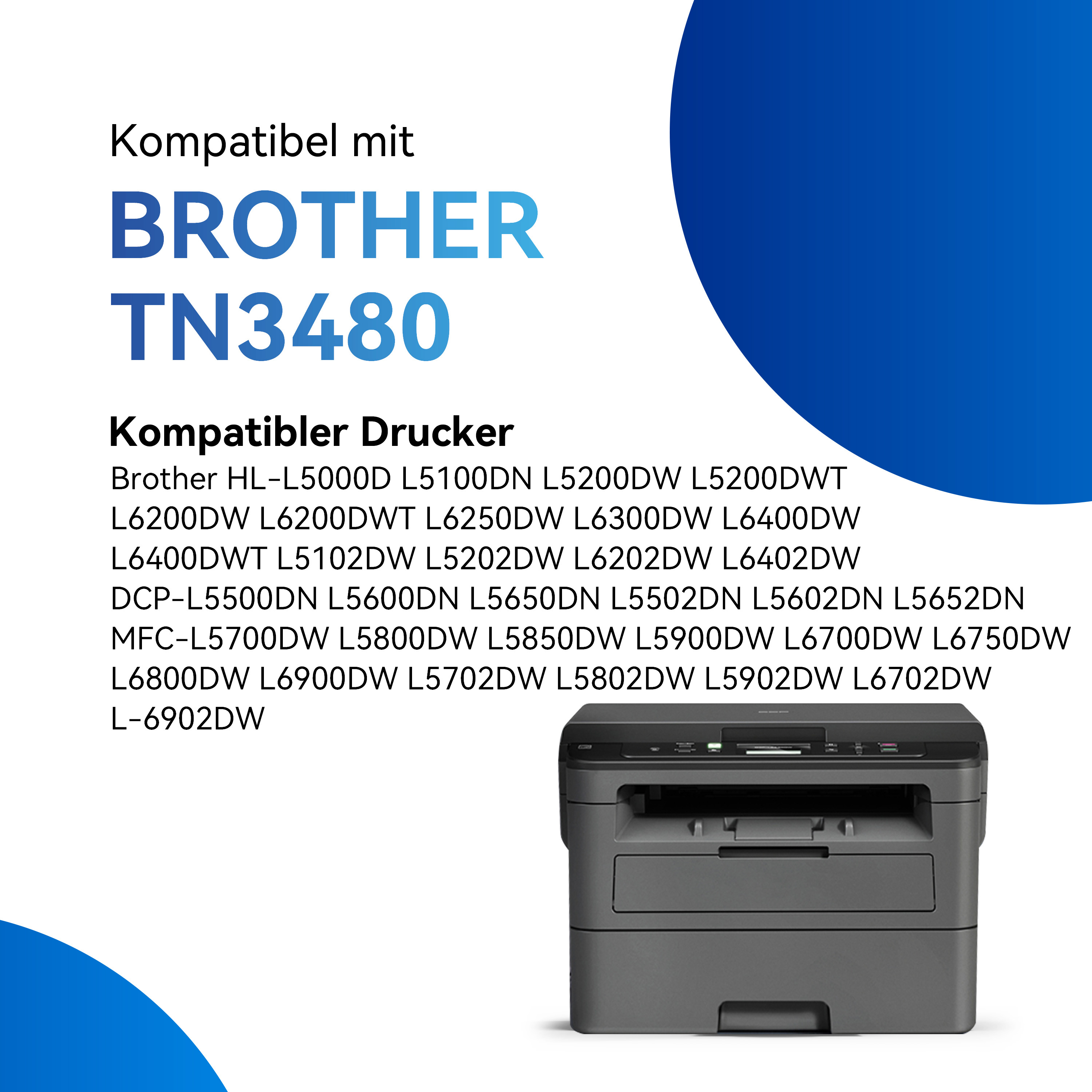 Een Brother TN3480 printerinktcartridge en verschillende compatibele printermodellen.