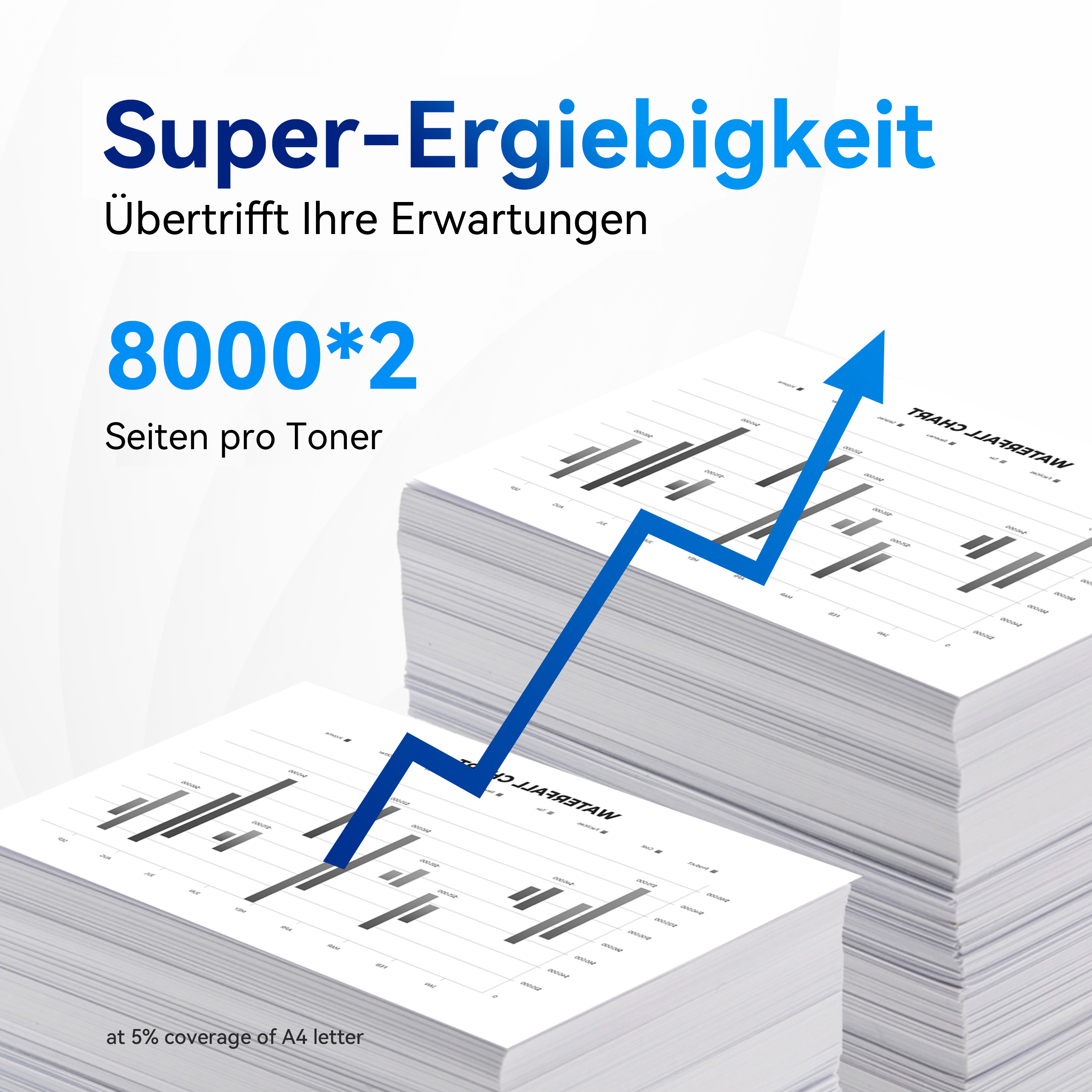 Papierstapel met tekst en een blauwe pijl omhoog.