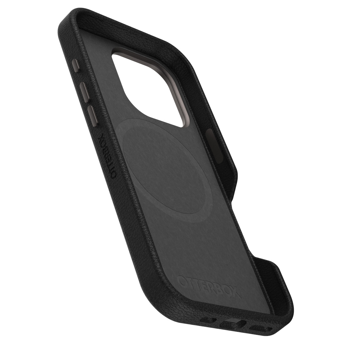Custodia nera per telefono con finitura effetto pelle strutturata.
