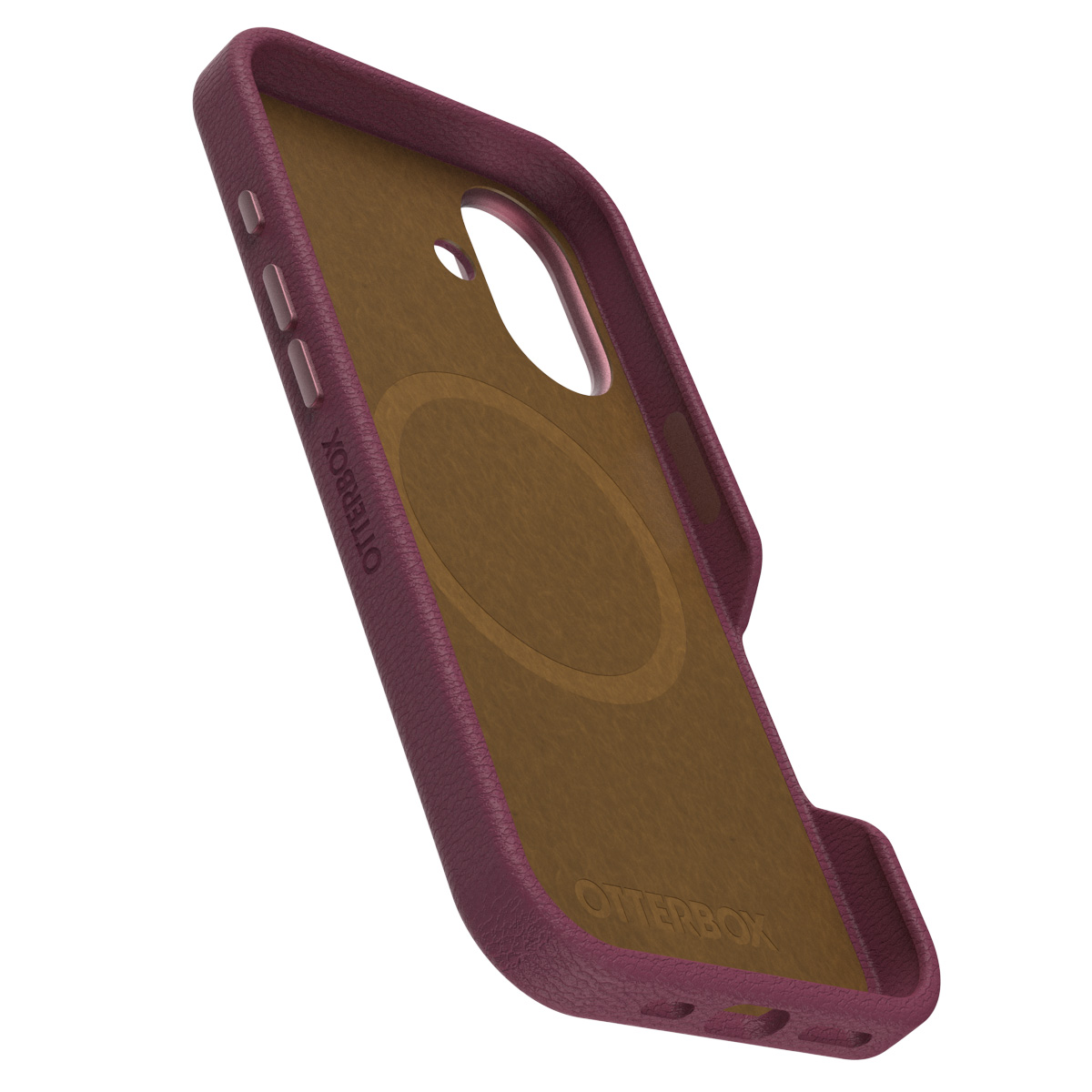 Coque de téléphone violette avec texture cuir, découpe caméra et boutons latéraux.
