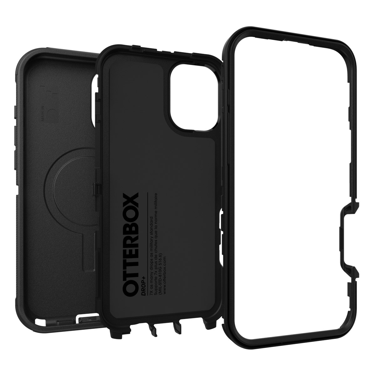 Schwarze Handyhüllen-Komponenten. Drei Teile. Otterbox-Logo sichtbar. Schwarze Farbe.