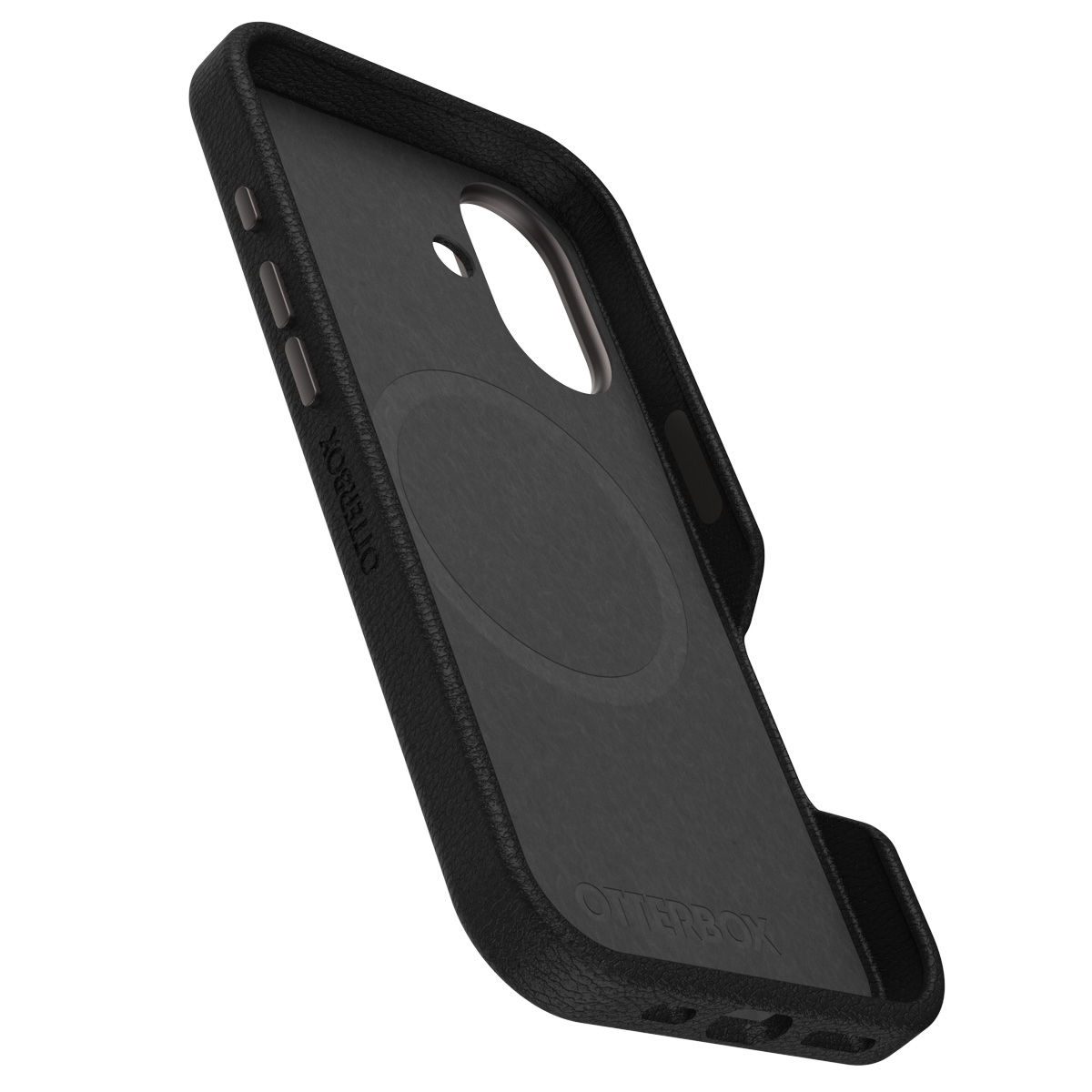 Coque de téléphone noire avec intérieur sombre et découpe caméra.