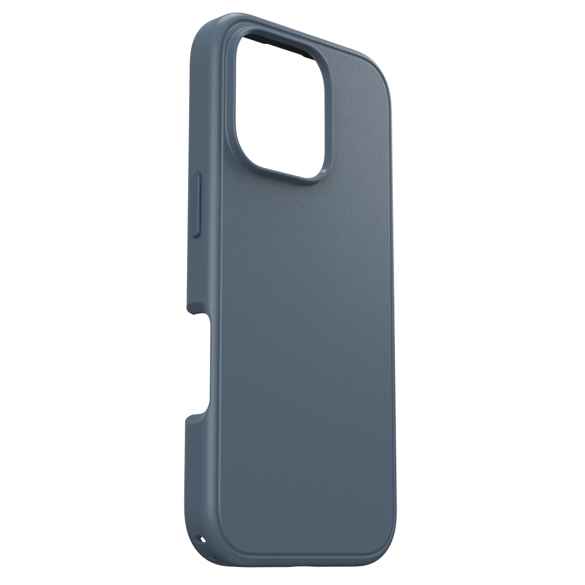 Coque de téléphone bleue, vue latérale, avec découpe ouverte, fond blanc.