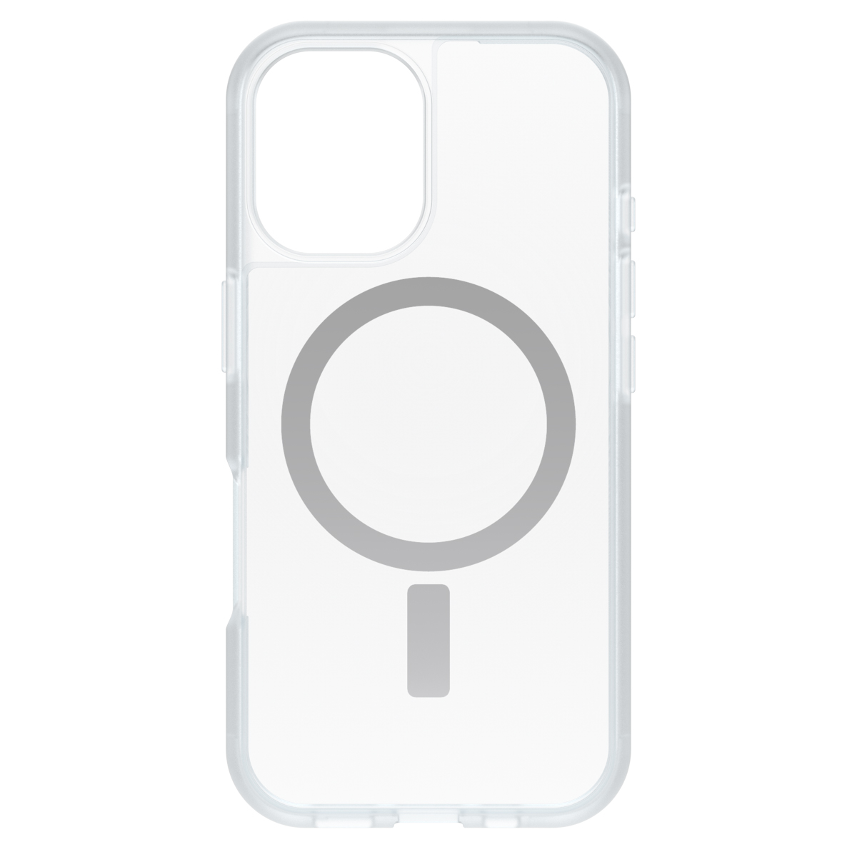 Coque de téléphone transparente avec cercle et rectangle gris, fond blanc.