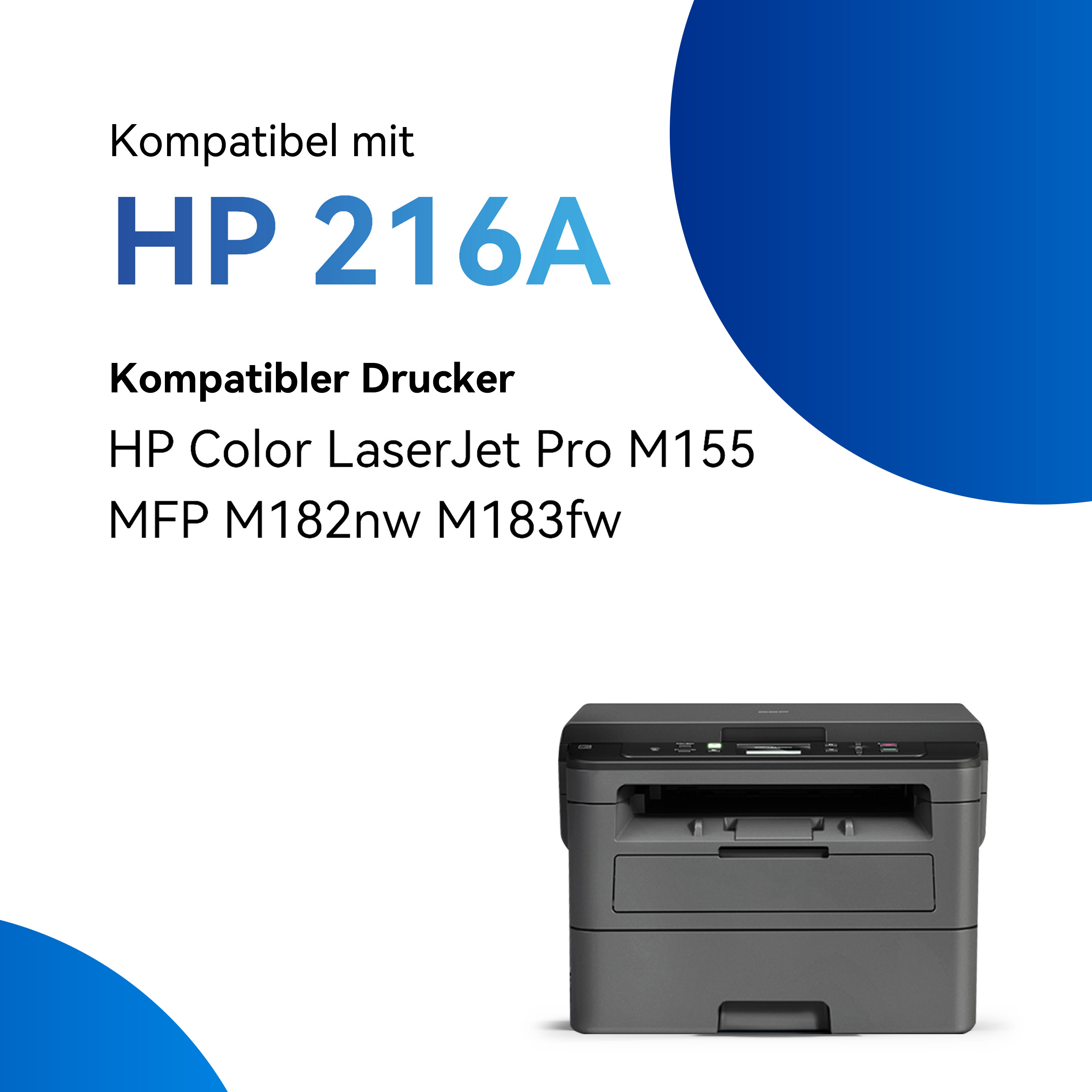 Een printer met HP 216A-compatibiliteit. Hij heeft een lade en HP Color LaserJet Pro-compatibiliteit.