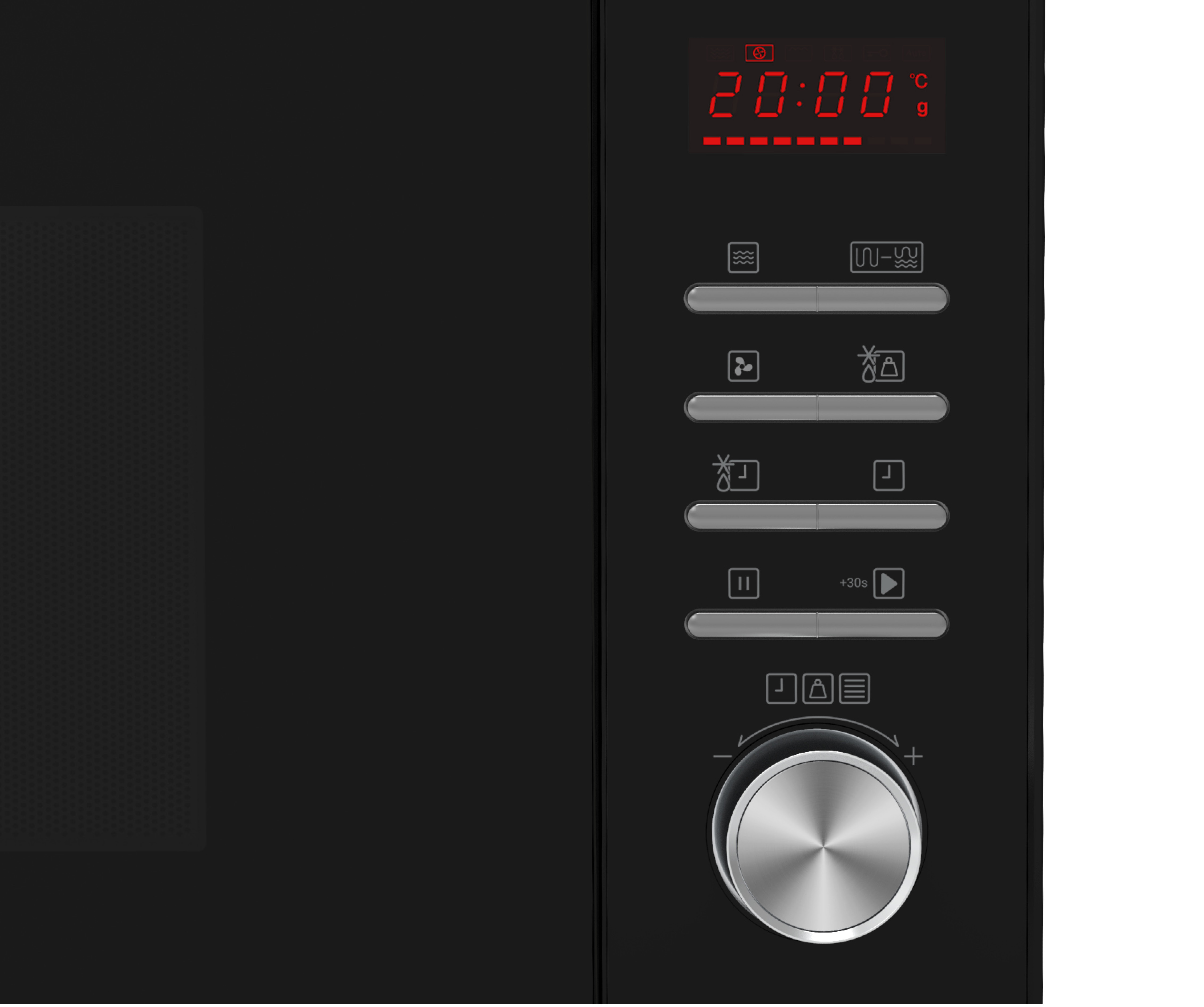 Panneau de commande de four à micro-ondes noir avec affichage numérique.
