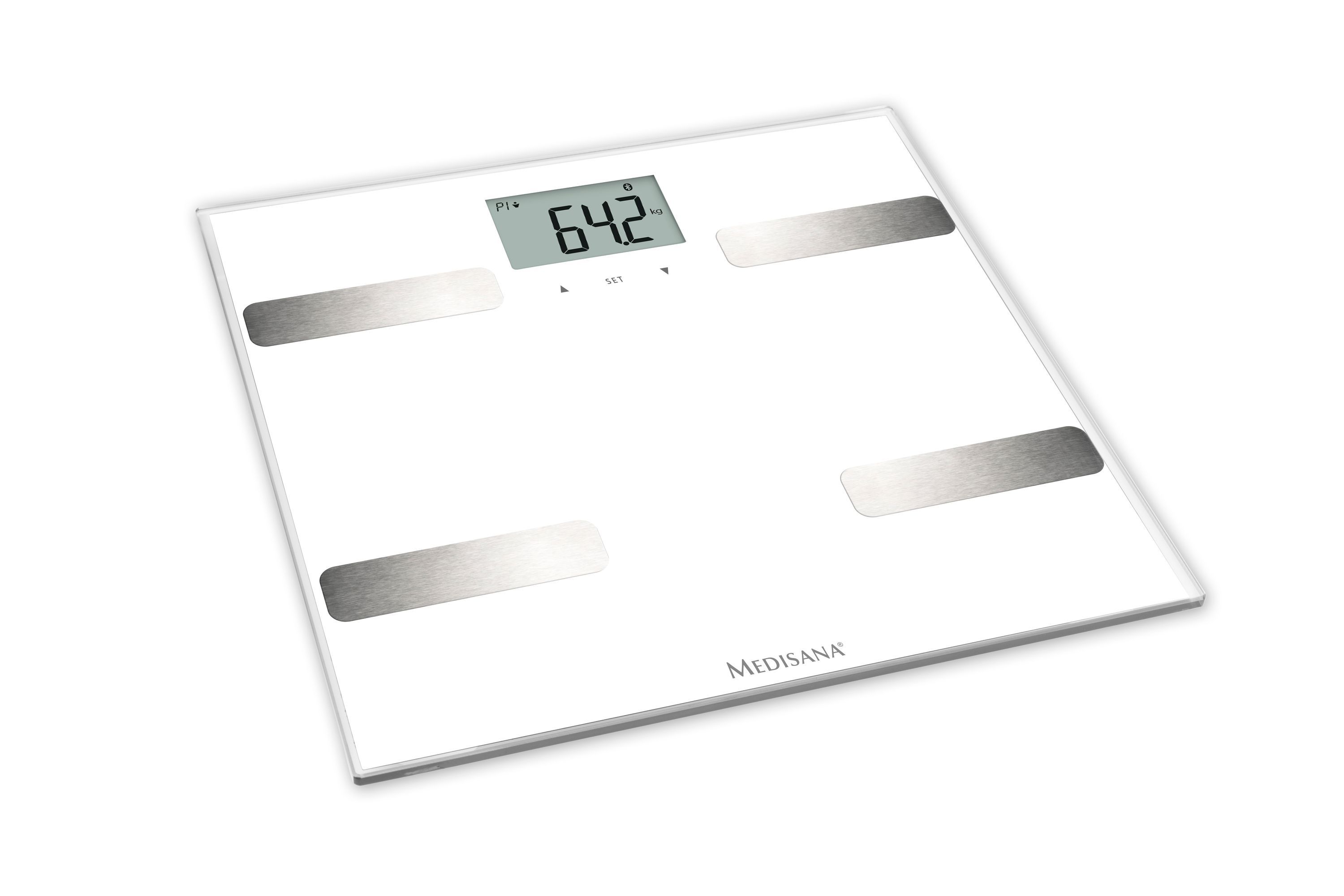 Witte digitale weegschaal met vier zilveren pads en een digitale display met 64,2 kg. Medisana staat eronder.