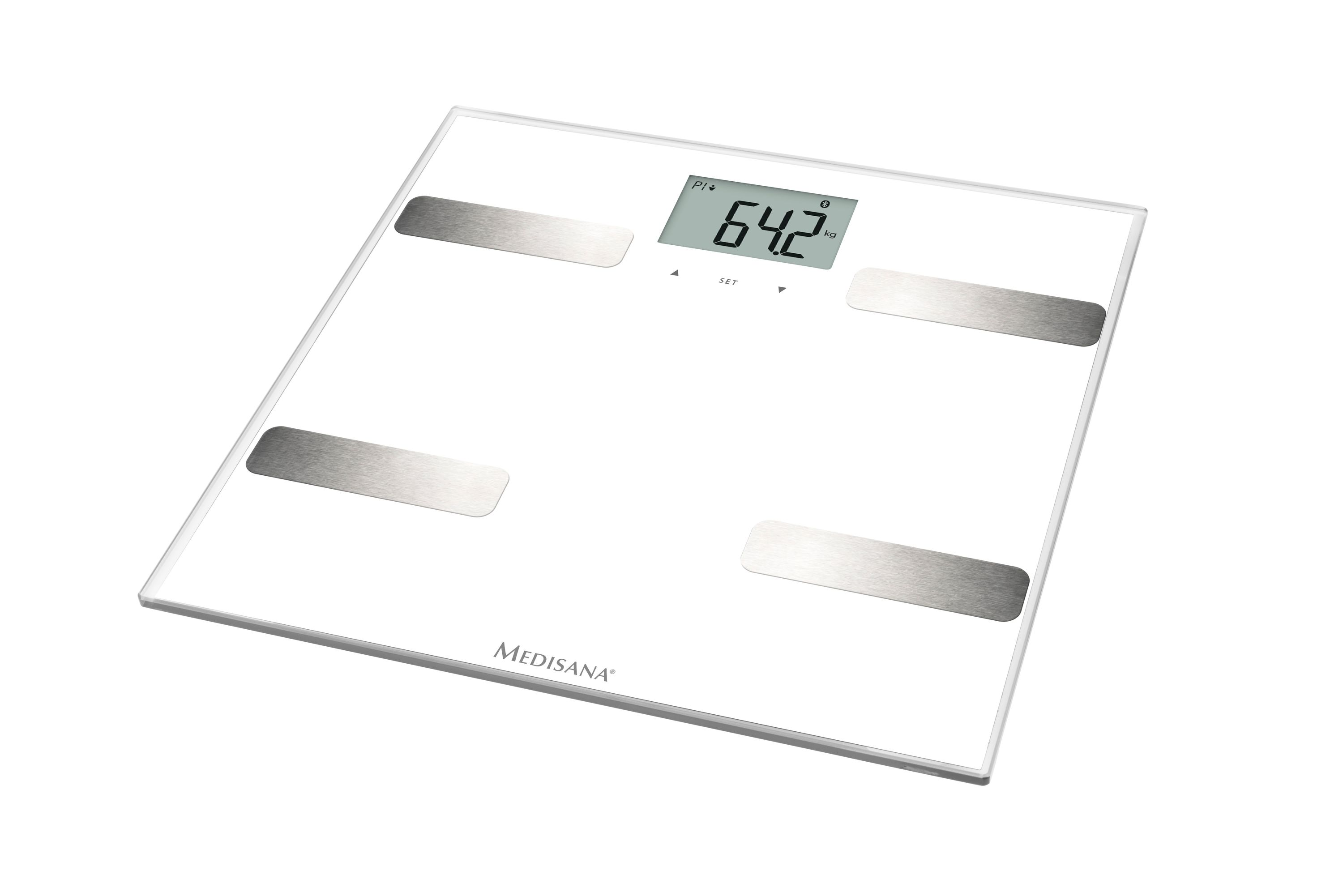 Witte digitale weegschaal. Het toont 64,2 kg. Heeft zilveren voetkussentjes.