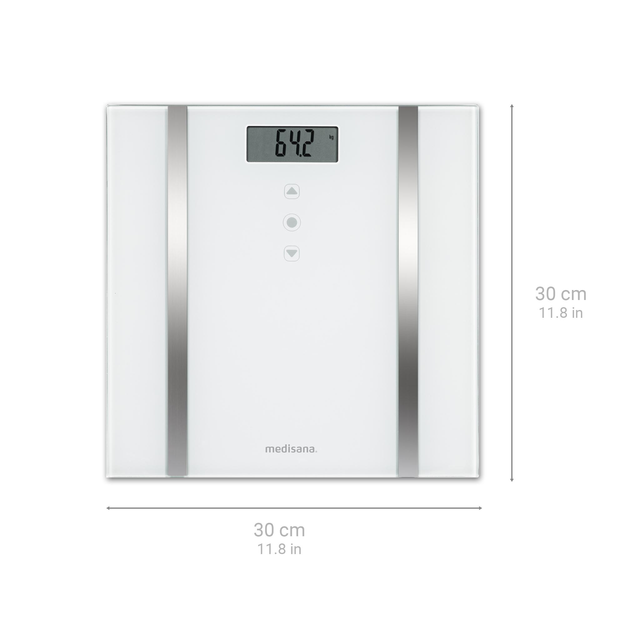 Witte digitale badkamerweegschaal met 64,2 kg display. Zichtbare metalen staven en merknaam.