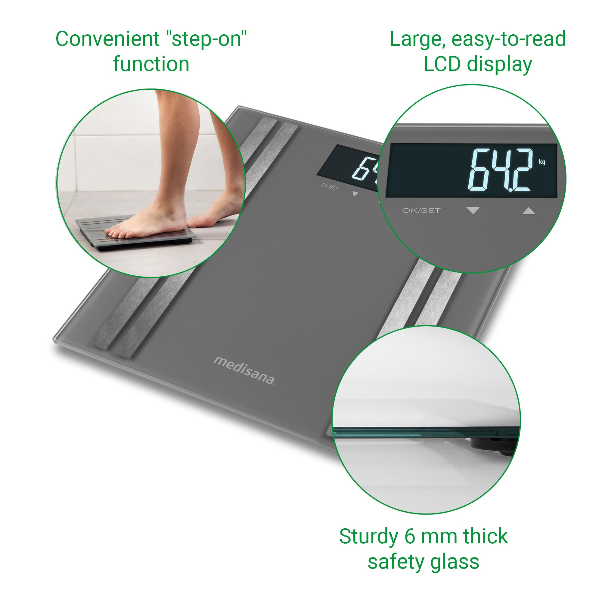 Een persoon staat op een digitale weegschaal. De weegschaal geeft 64,2 kg weer.