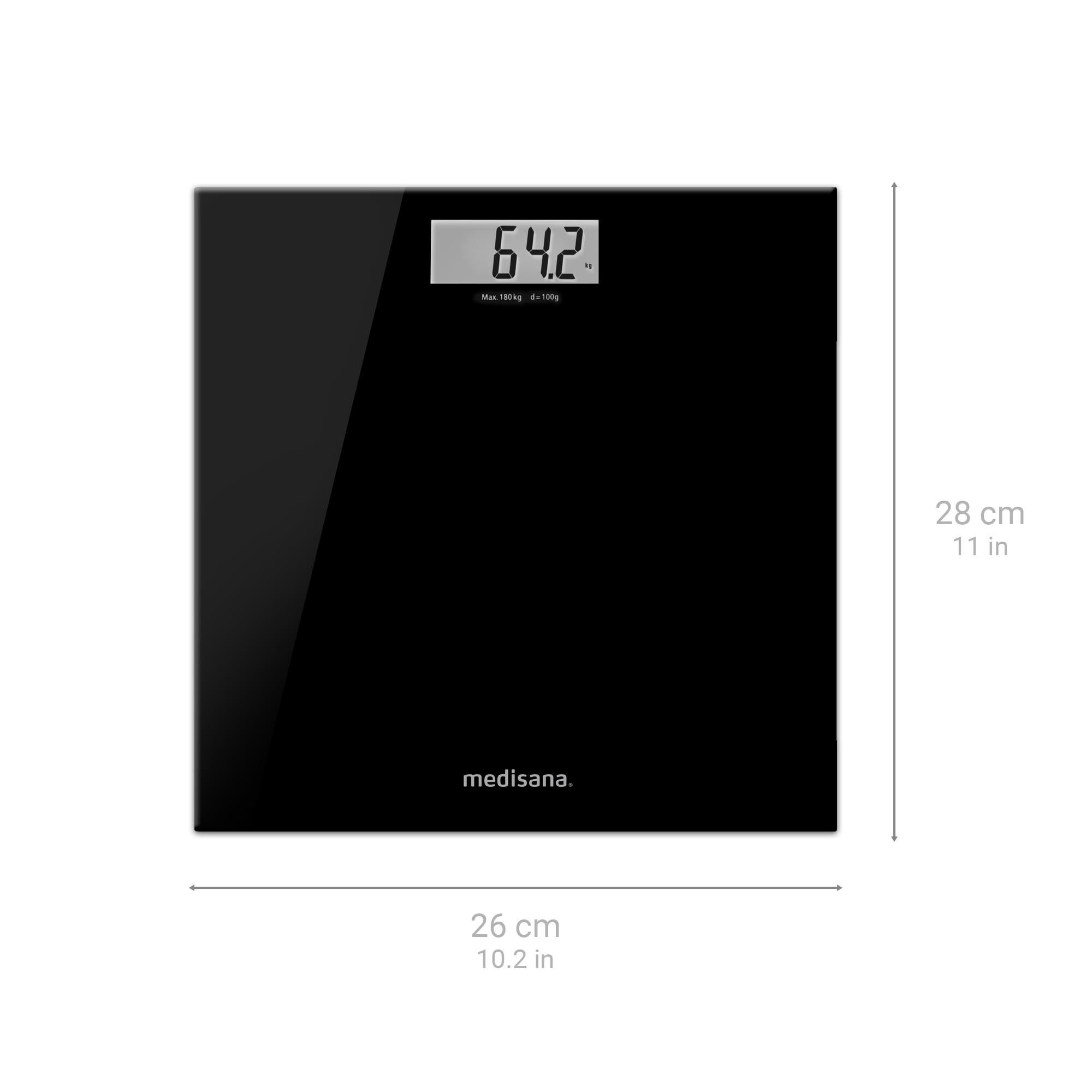 Black digital bathroom scale. Display shows 64.2. Dimensions: 26cm x 28cm.