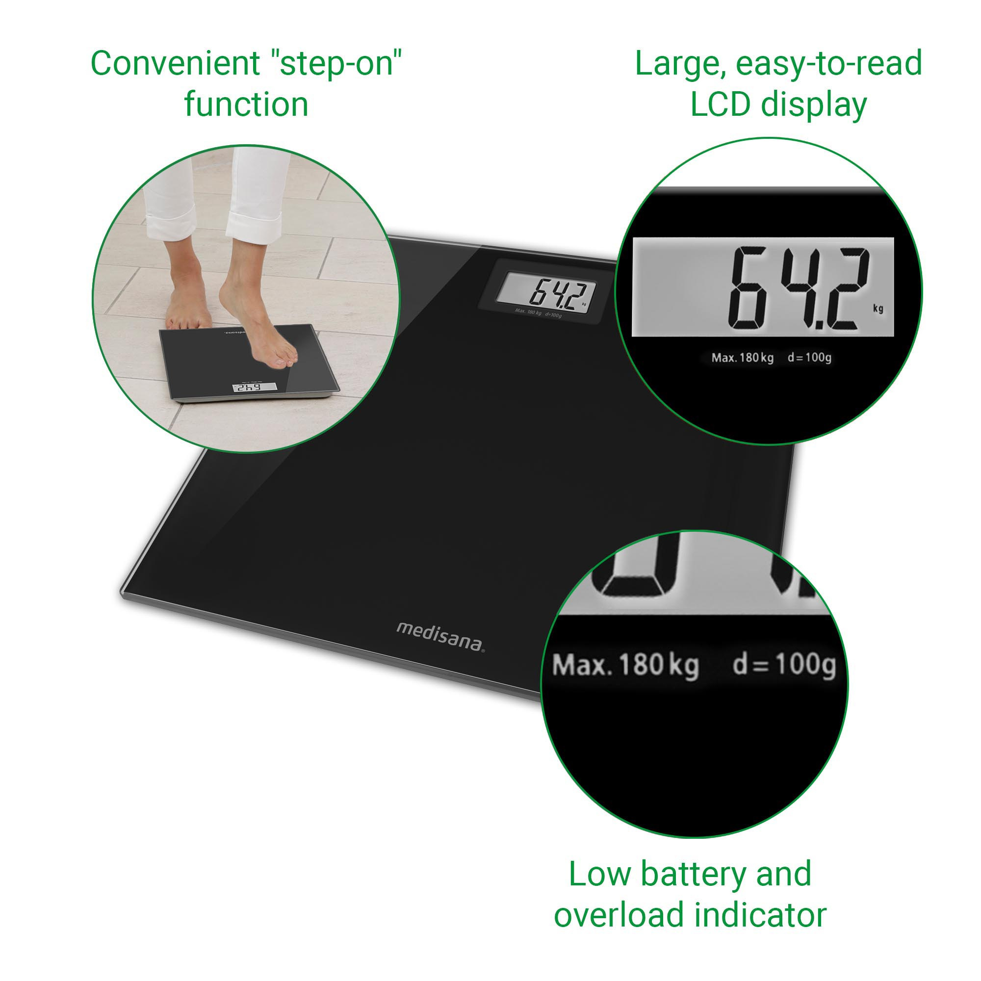 A black digital scale with a person stepping on it. Display shows the weight.