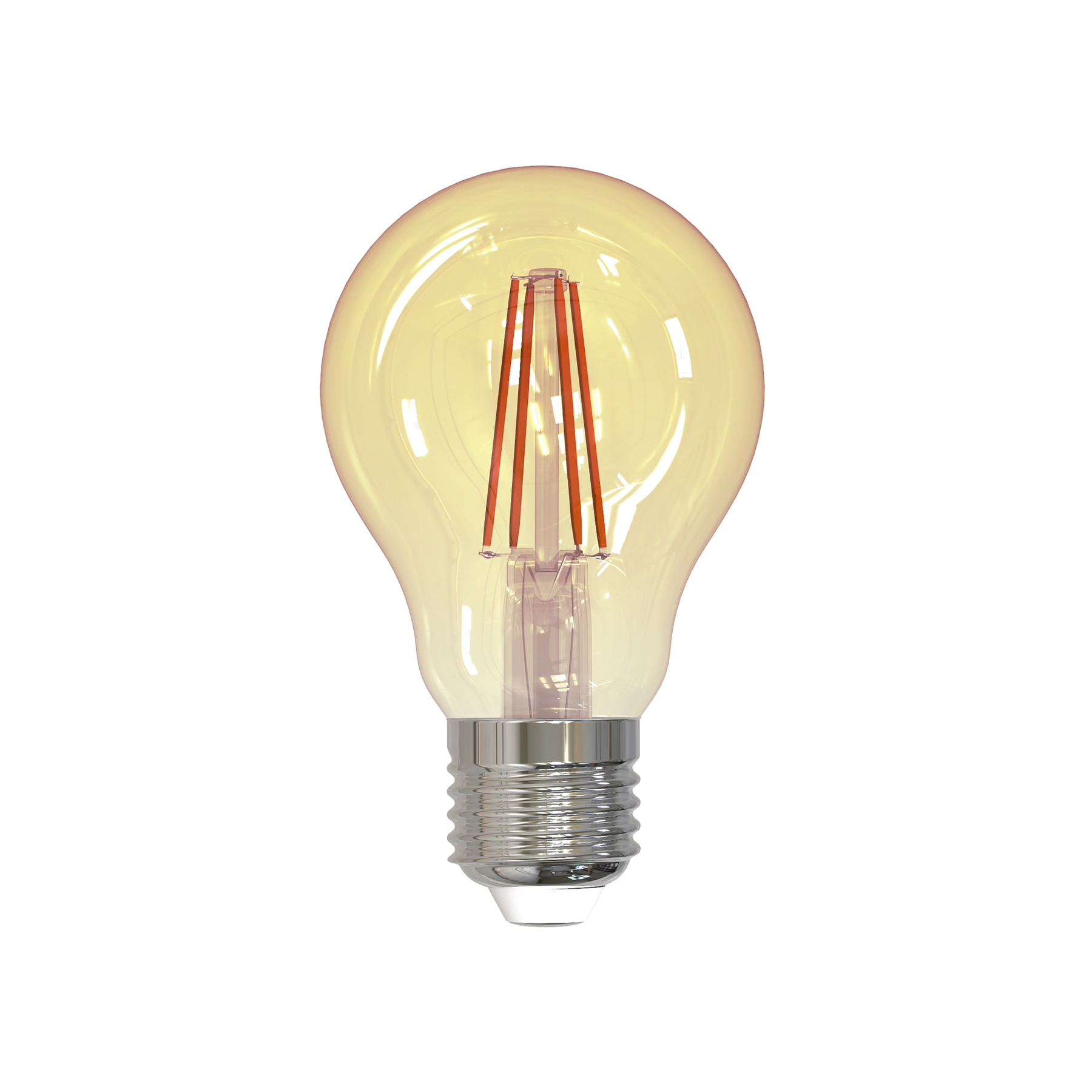 Żółta żarówka ze srebrną podstawą. Włókno jest czerwone i w linii prostej.