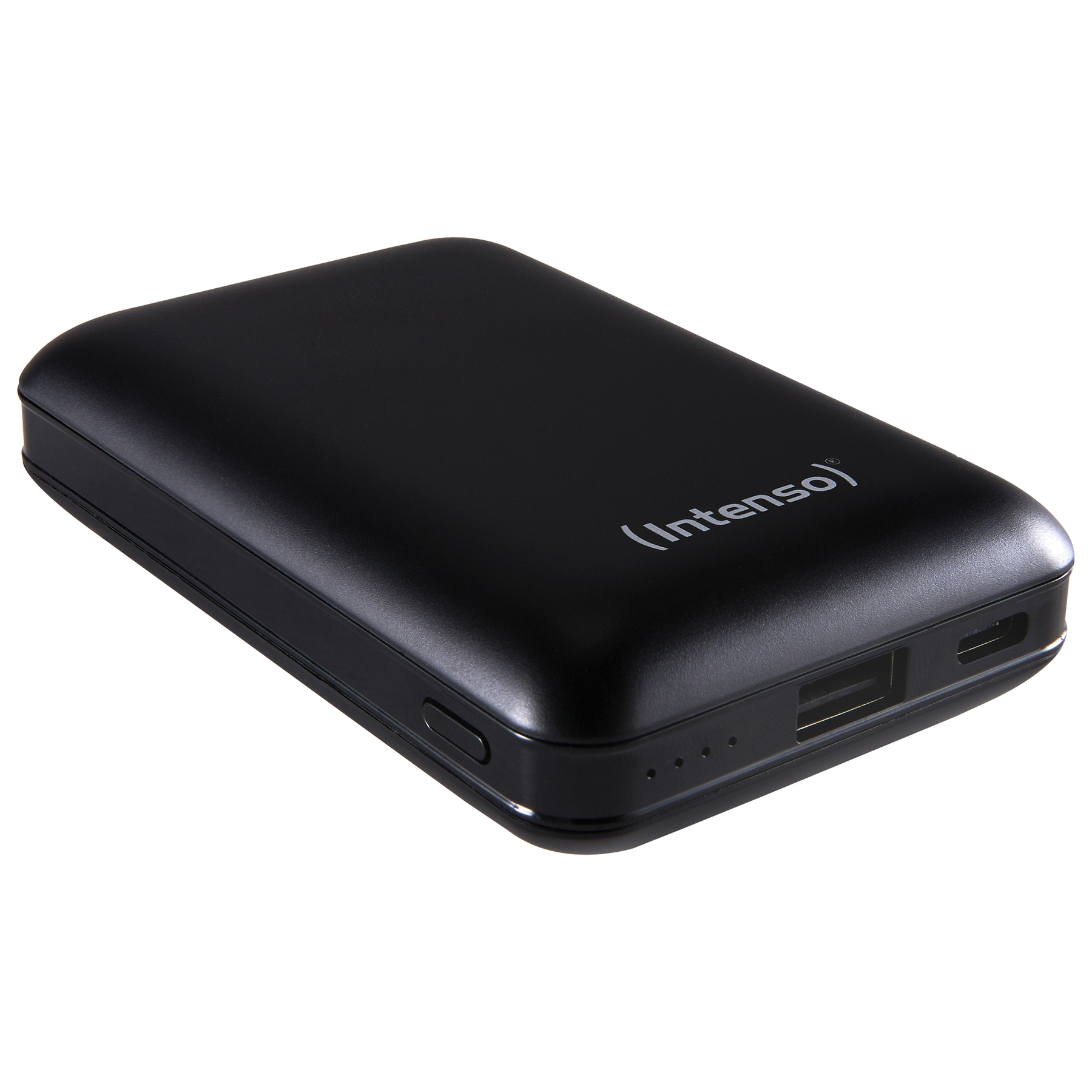 Banco de energía negro con texto blanco 'Intenso', múltiples puertos USB y botón de encendido.