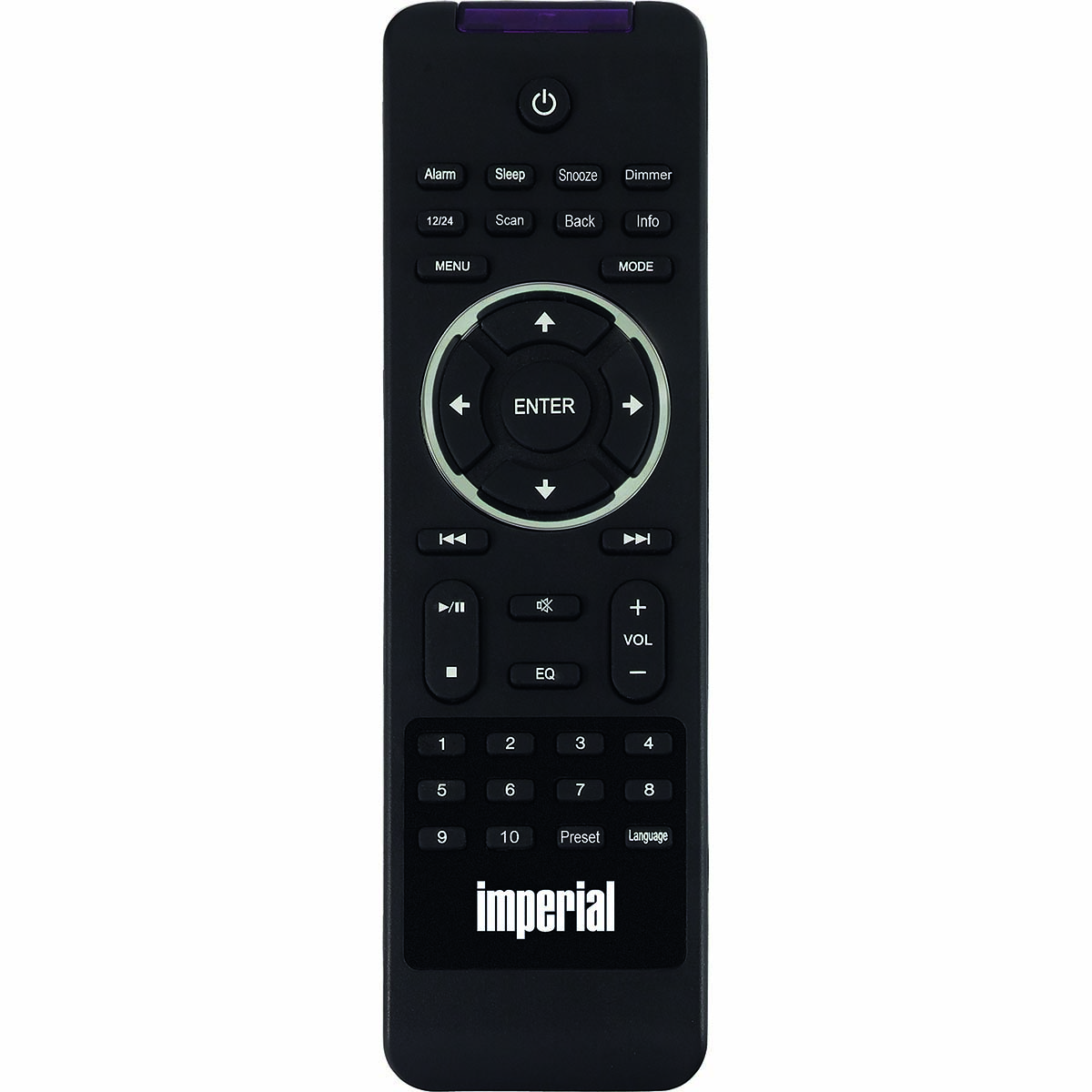 Czarny pilot z różnymi przyciskami, oznaczonymi funkcjami takimi jak alarm i głośność.