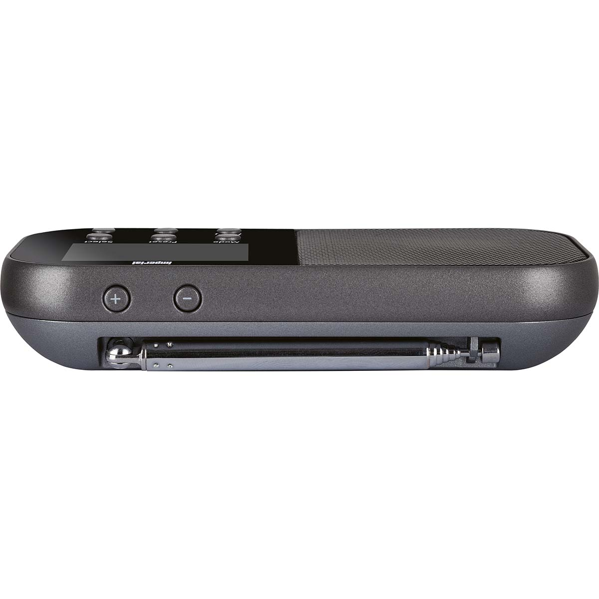 Czarno-szare radio z przyciskami, ekranem i anteną. Elegancki i nowoczesny design.