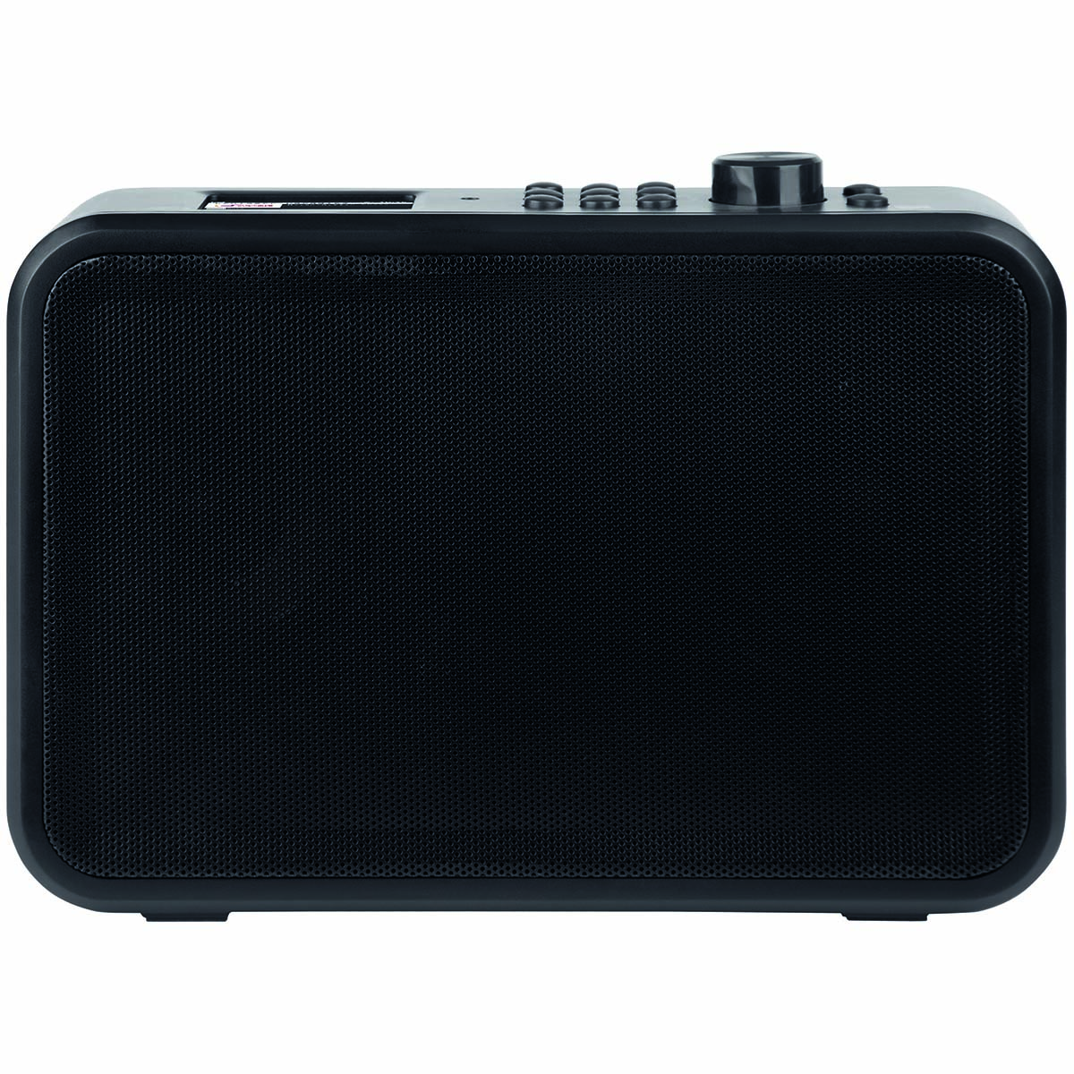 Czarny prostokątny głośnik z siatkowym przodem i przyciskami na górze. Prosty design.
