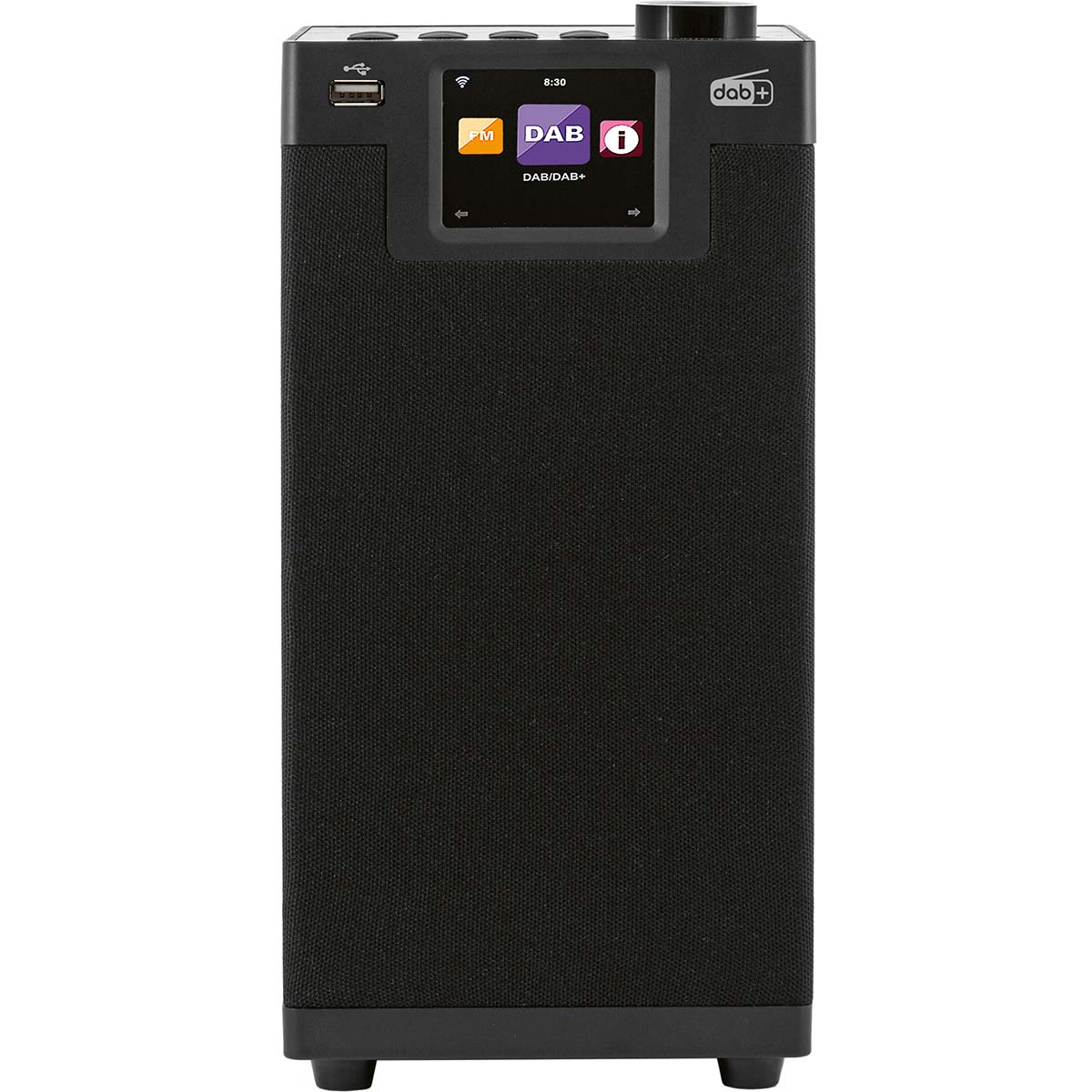 A black DAB radio with a screen, buttons, and a knob.