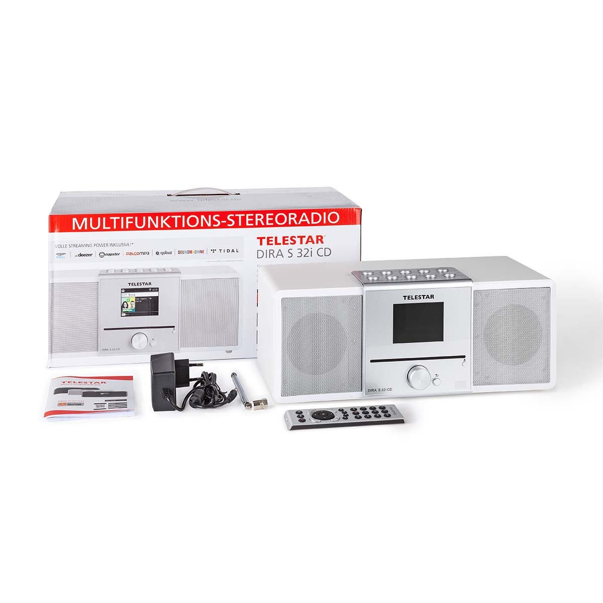 Białe i srebrne radio stereo z pudełkiem i pilotem. Pudełko pokazuje radio.