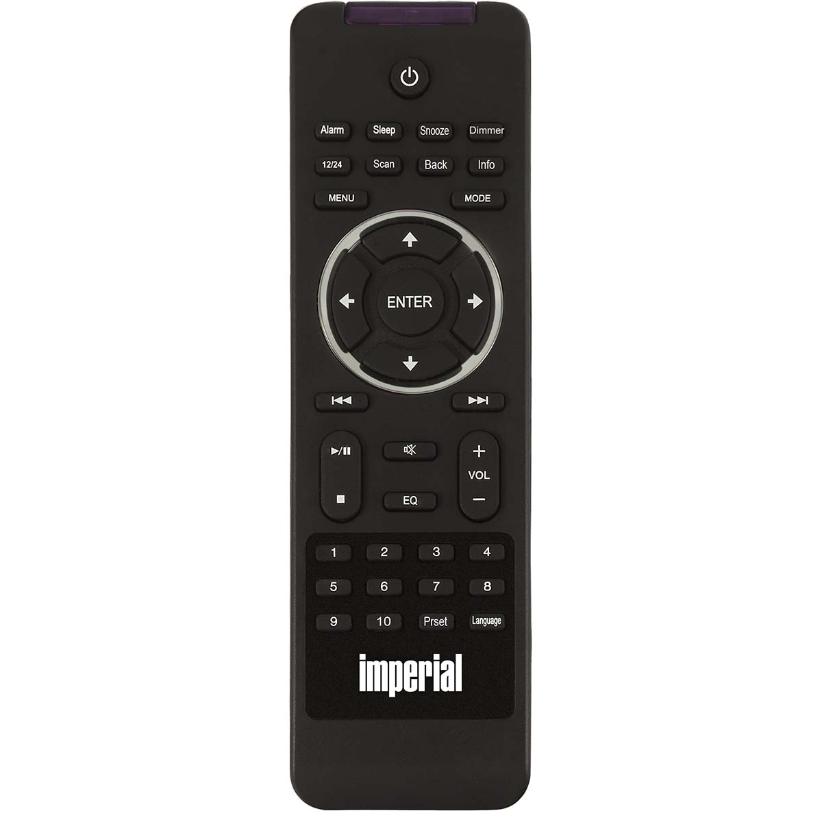 Czarny pilot z różnymi przyciskami i logo 'imperial'.