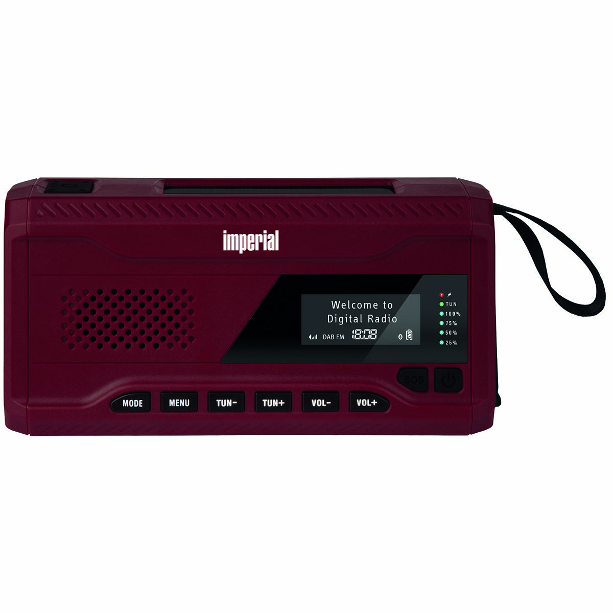 Ein rotes Digitalradio mit einem Bildschirm, auf dem Text angezeigt wird. Das Radio hat Knöpfe und einen Griff.