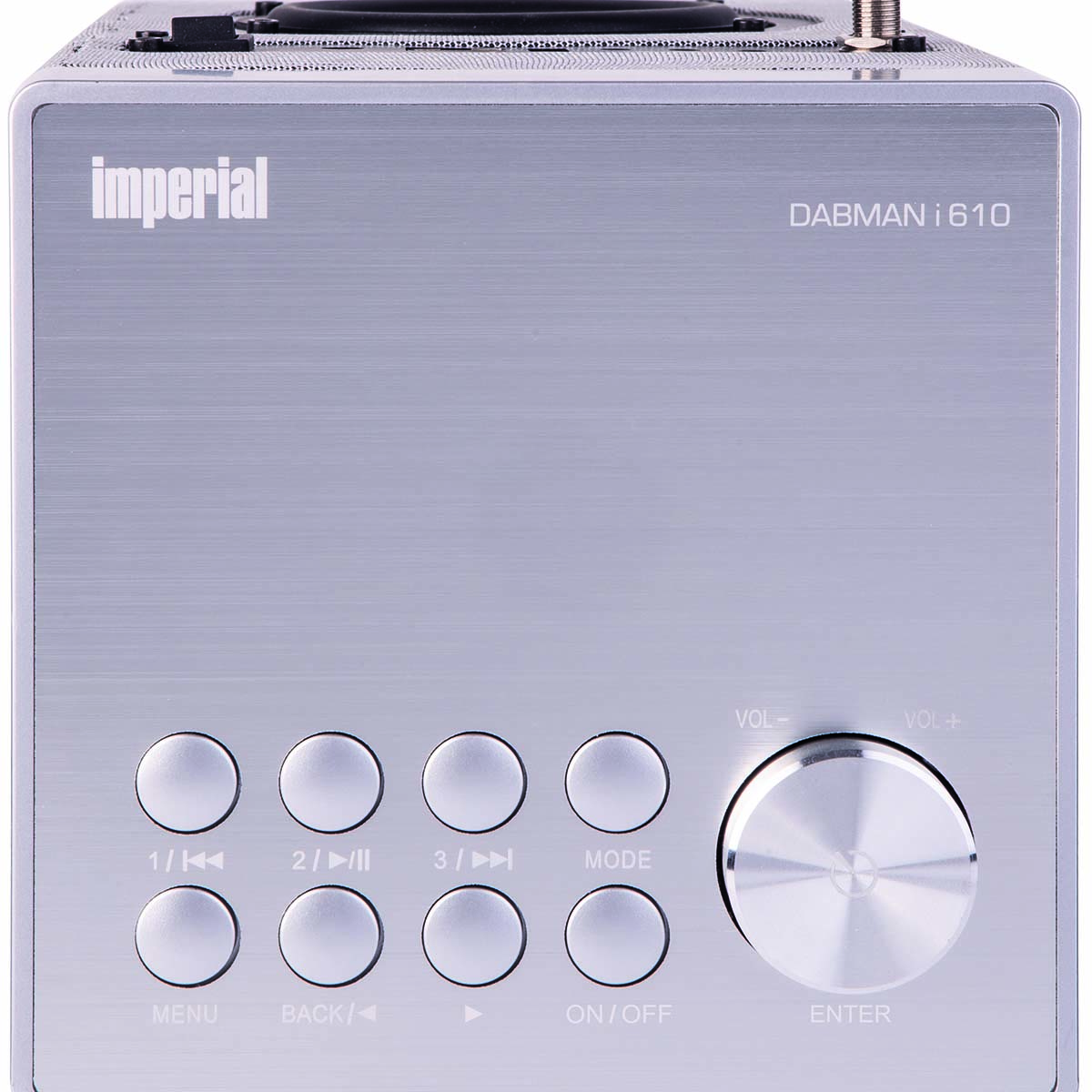Silver radio with buttons and a central knob, displaying the brand name 'Imperial'.