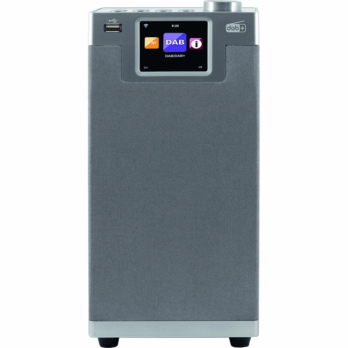 A gray and black DAB radio with a screen. Has a USB port and buttons. Rectangular shape.