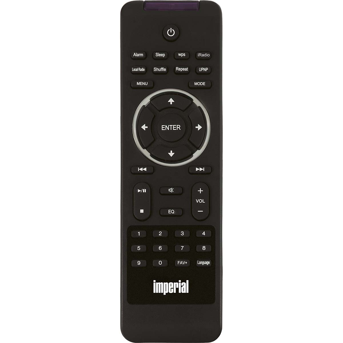 Un mando a distancia negro con muchos botones. El mando tiene la palabra 'imperial'.