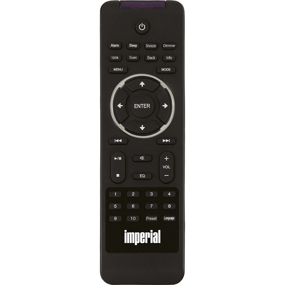 Czarny pilot z przyciskami alarmu, uśpienia i głośności.