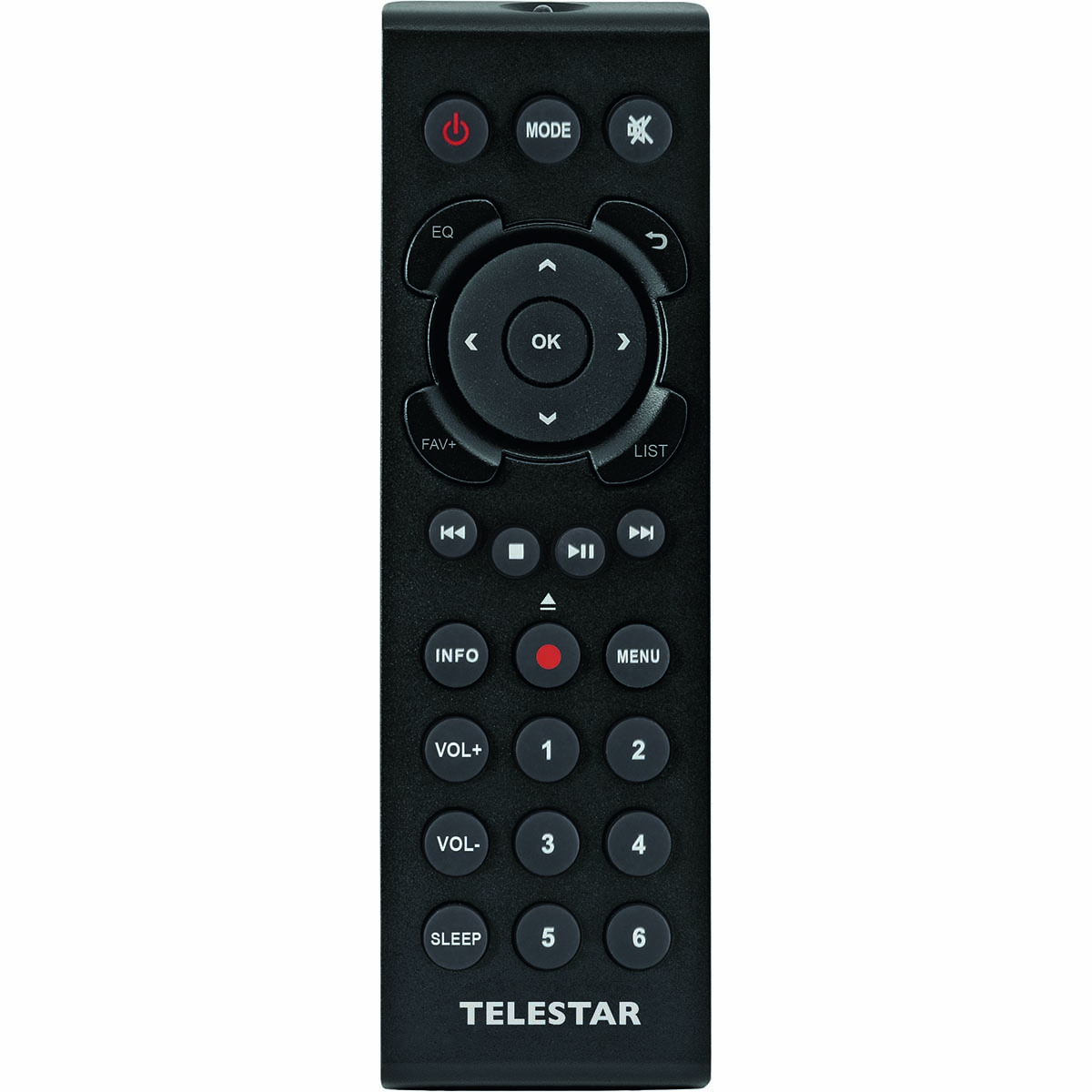 Pilot z przyciskami zasilania, trybu, EQ, OK i numerów.