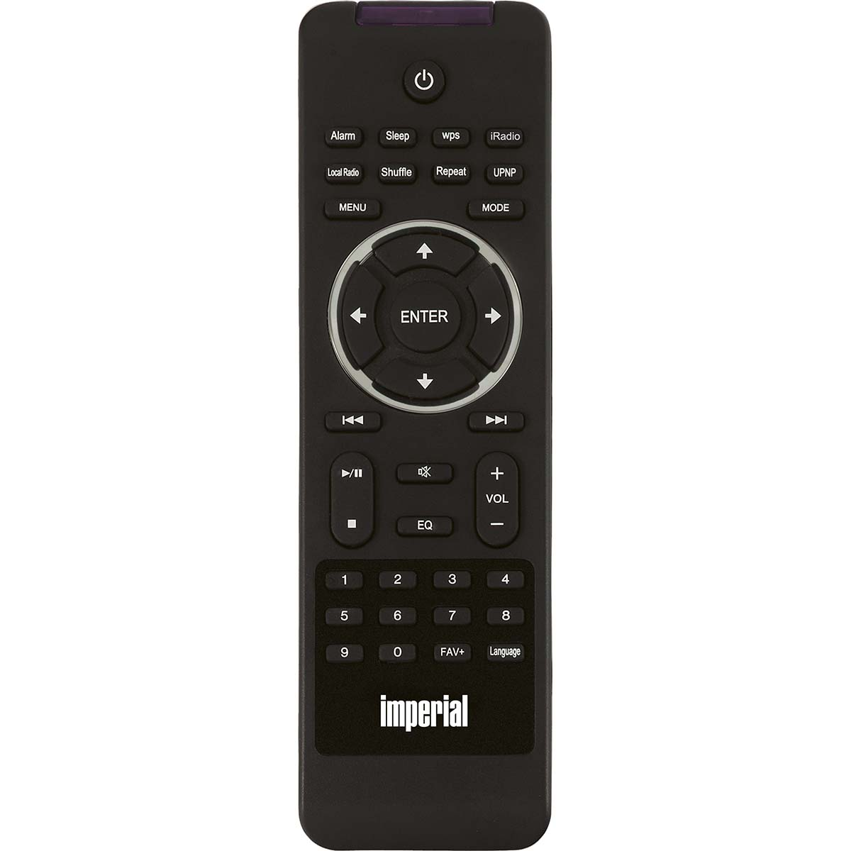 Un mando a distancia negro con varios botones etiquetados y un logotipo de marca.