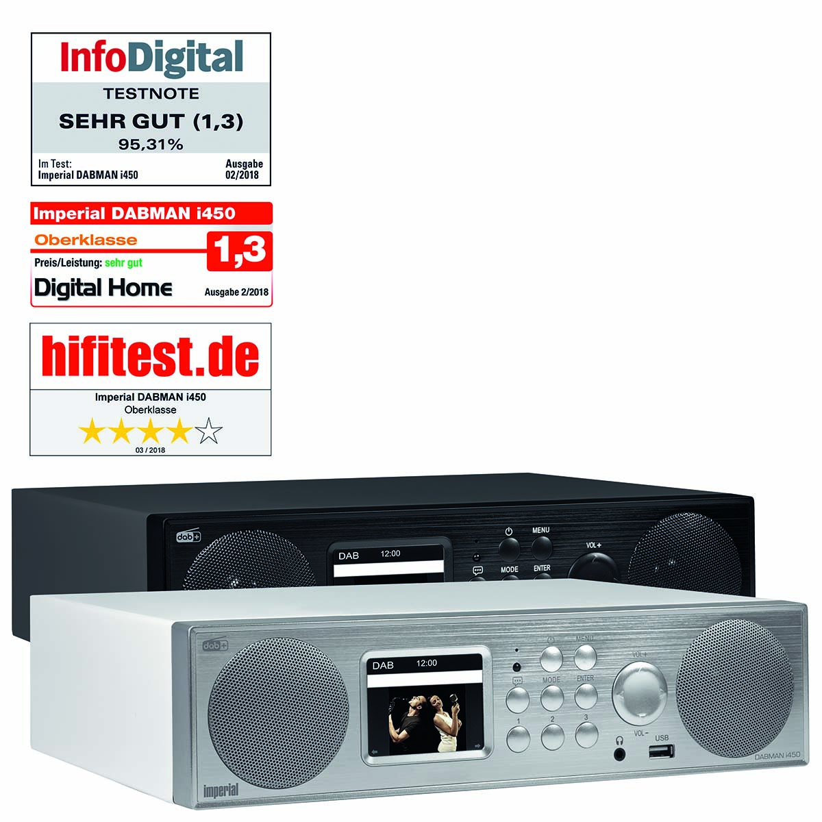 Dos radios DAB en blanco y negro con la calificación InfoDigital y el logotipo hifitest.de.