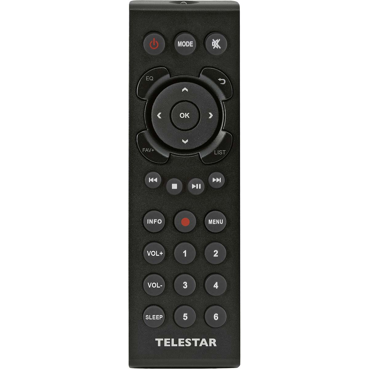 Black TV remote with buttons. Text is on it. Buttons are red, black, and grey.