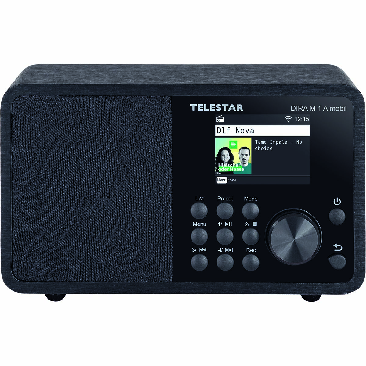 Black radio with a screen displaying a radio station and time. Buttons and a dial are shown. 
