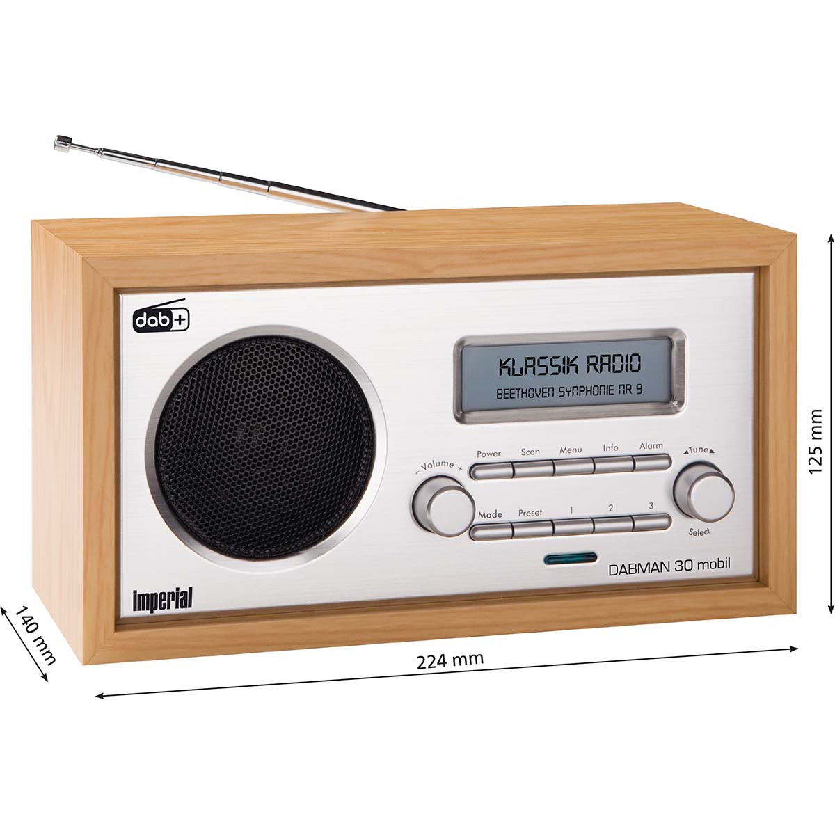 Houten radio met zilveren voorkant, display met 'KLASSIK RADIO' en afmetingen in mm.