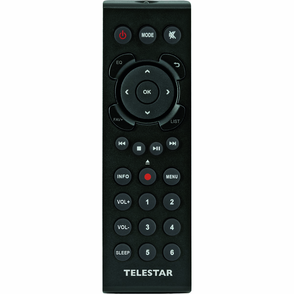 Czarny pilot z przyciskami. Białe tło. Tekst: TELESTAR.