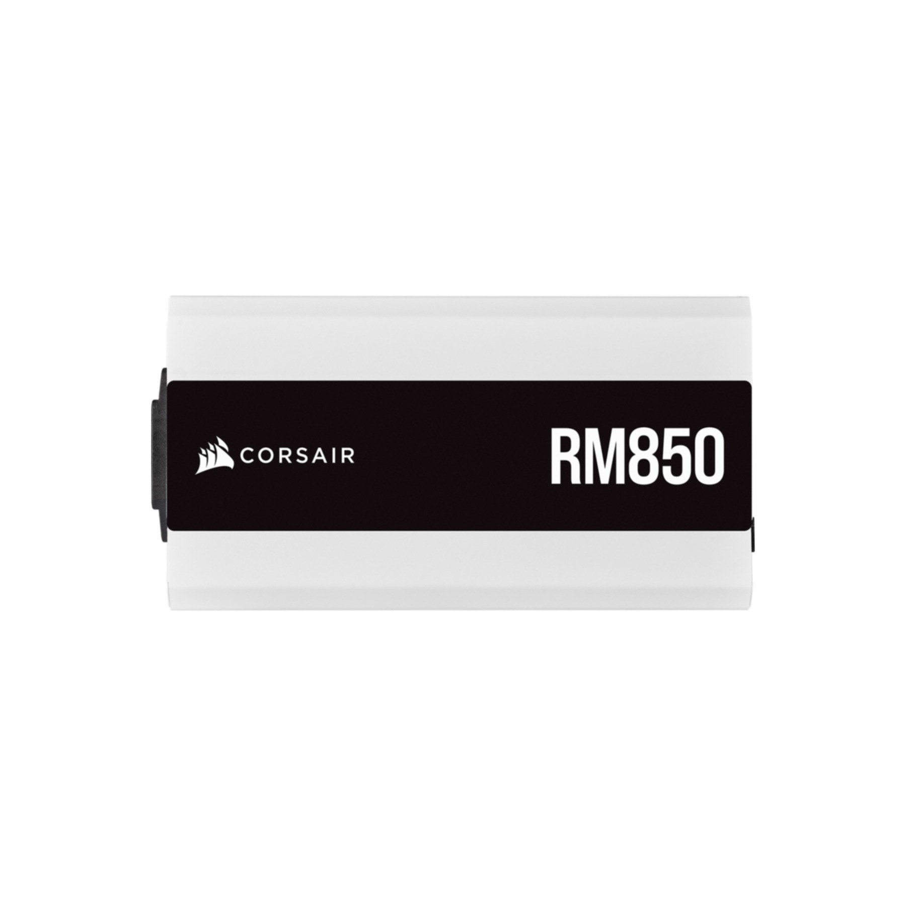 Una fuente de alimentación blanca con 'CORSAIR RM850' escrito, franja negra.