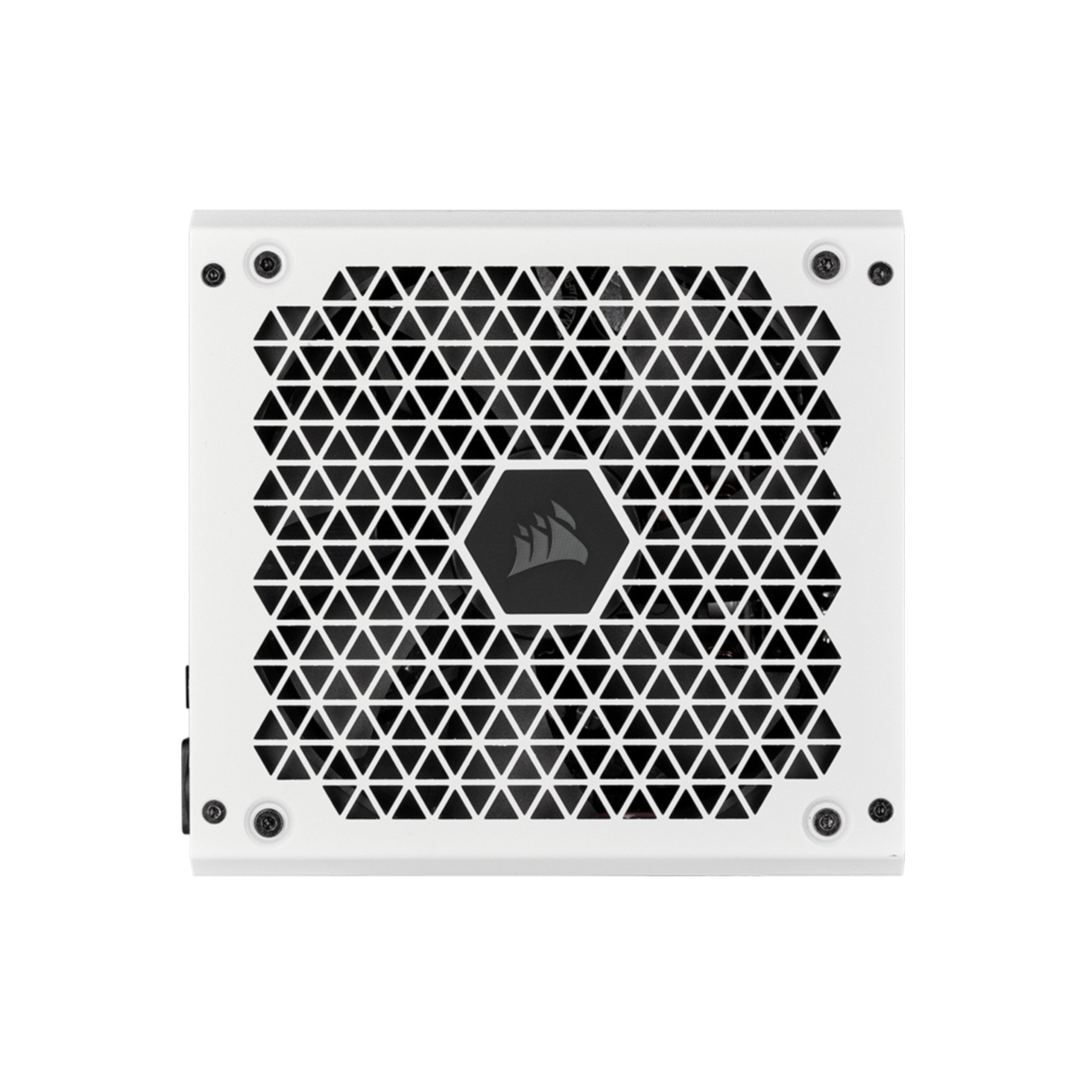 Fuente de alimentación blanca para computadora con parte superior de malla, logotipo negro y tornillos.