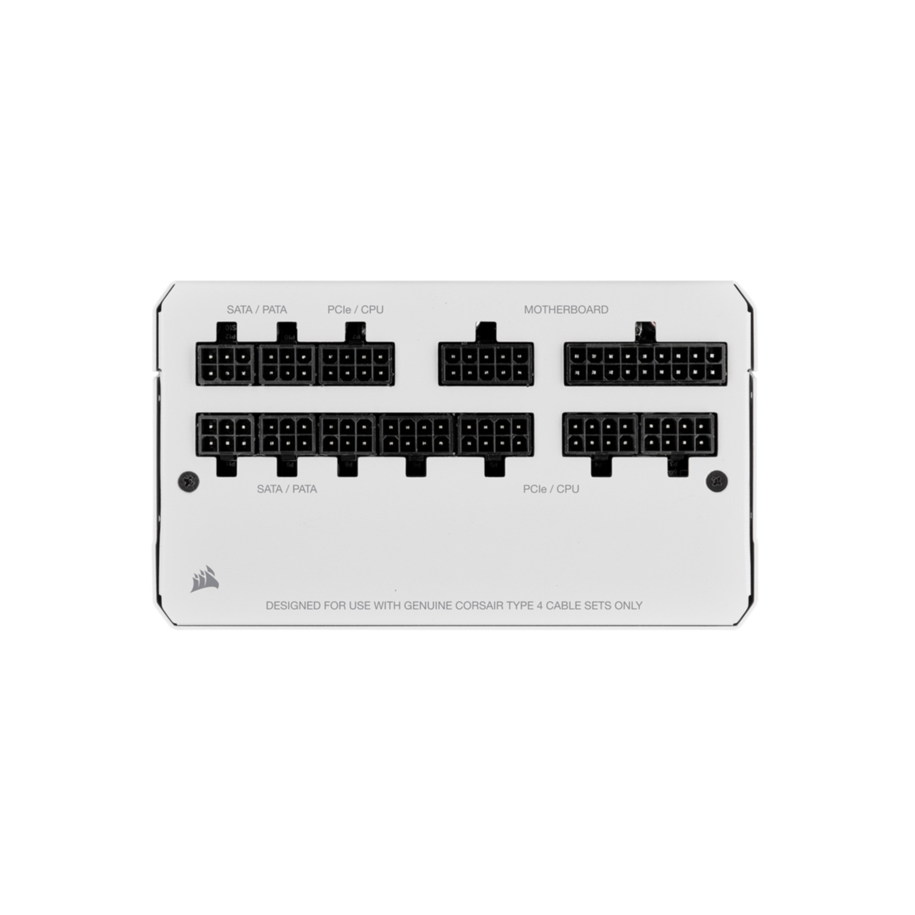 Fuente de alimentación de computadora blanca con varios puertos y etiquetas, sobre un fondo blanco.